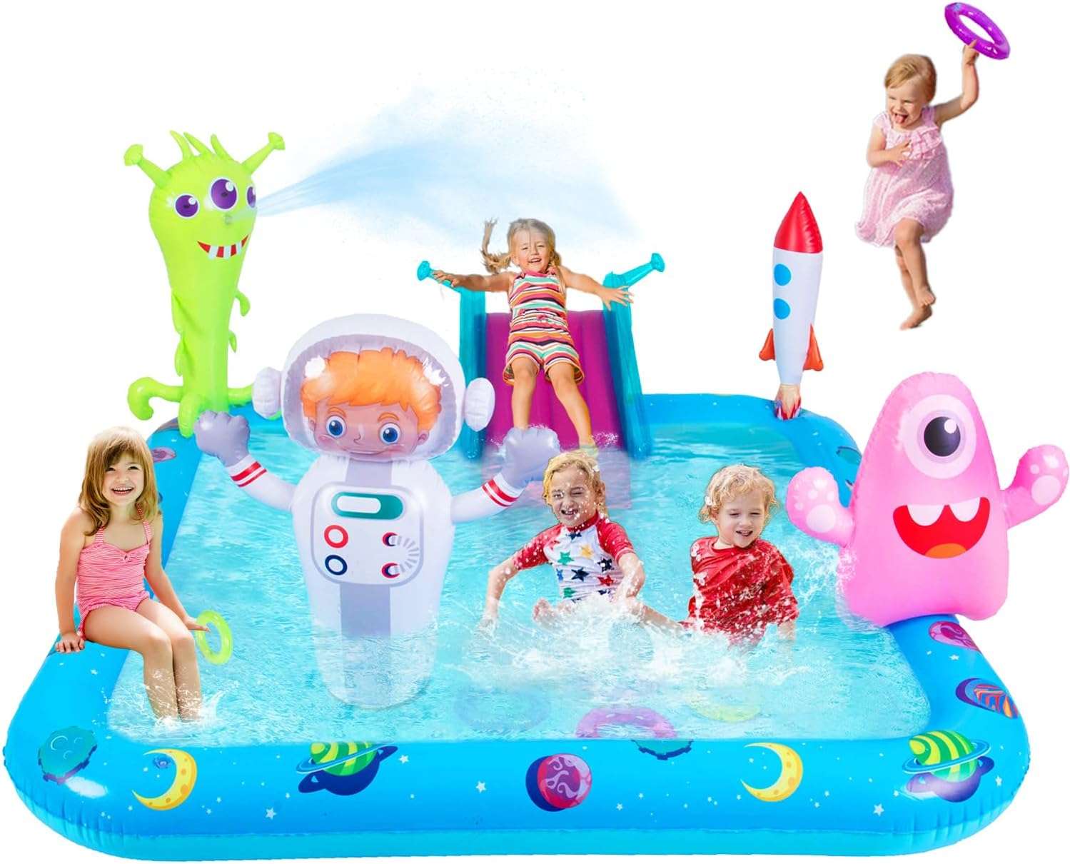 centro de juegos inflable de dinosaurios con tobogán y aspersor para niños
