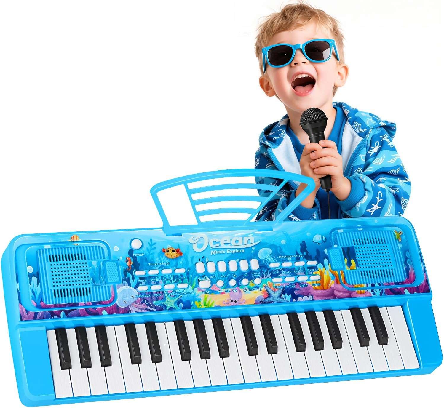teclado de piano de 37 teclas con diseño oceánico, altavoces y micrófono para niños