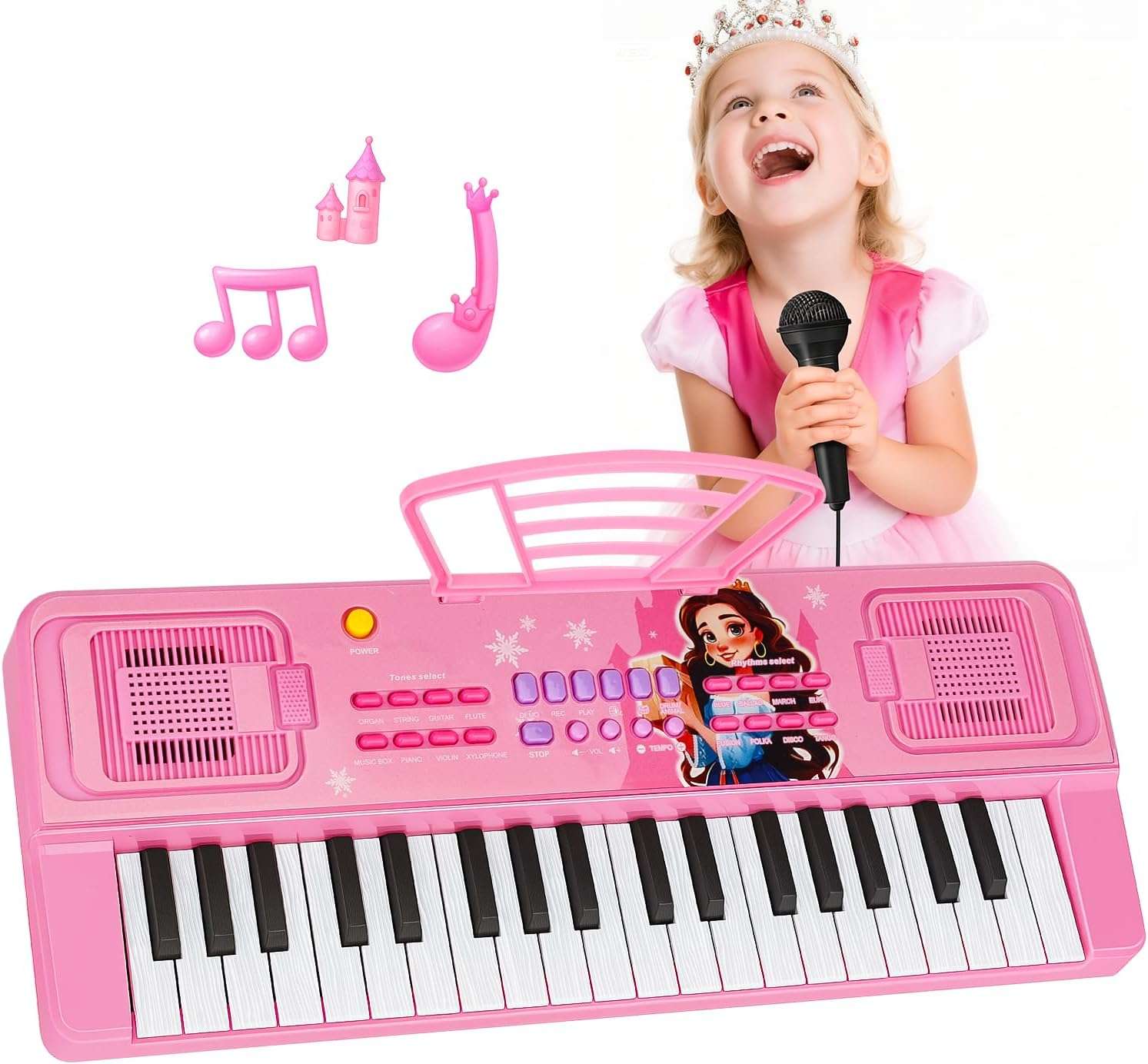 teclado de piano de 37 teclas con diseño oceánico, altavoces y micrófono para niños