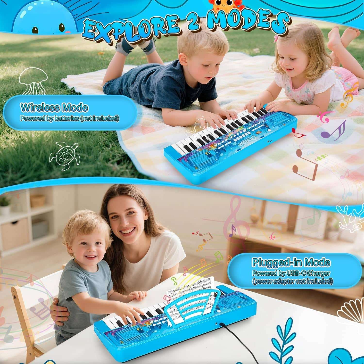 teclado de piano de 37 teclas con diseño oceánico, altavoces y micrófono para niños