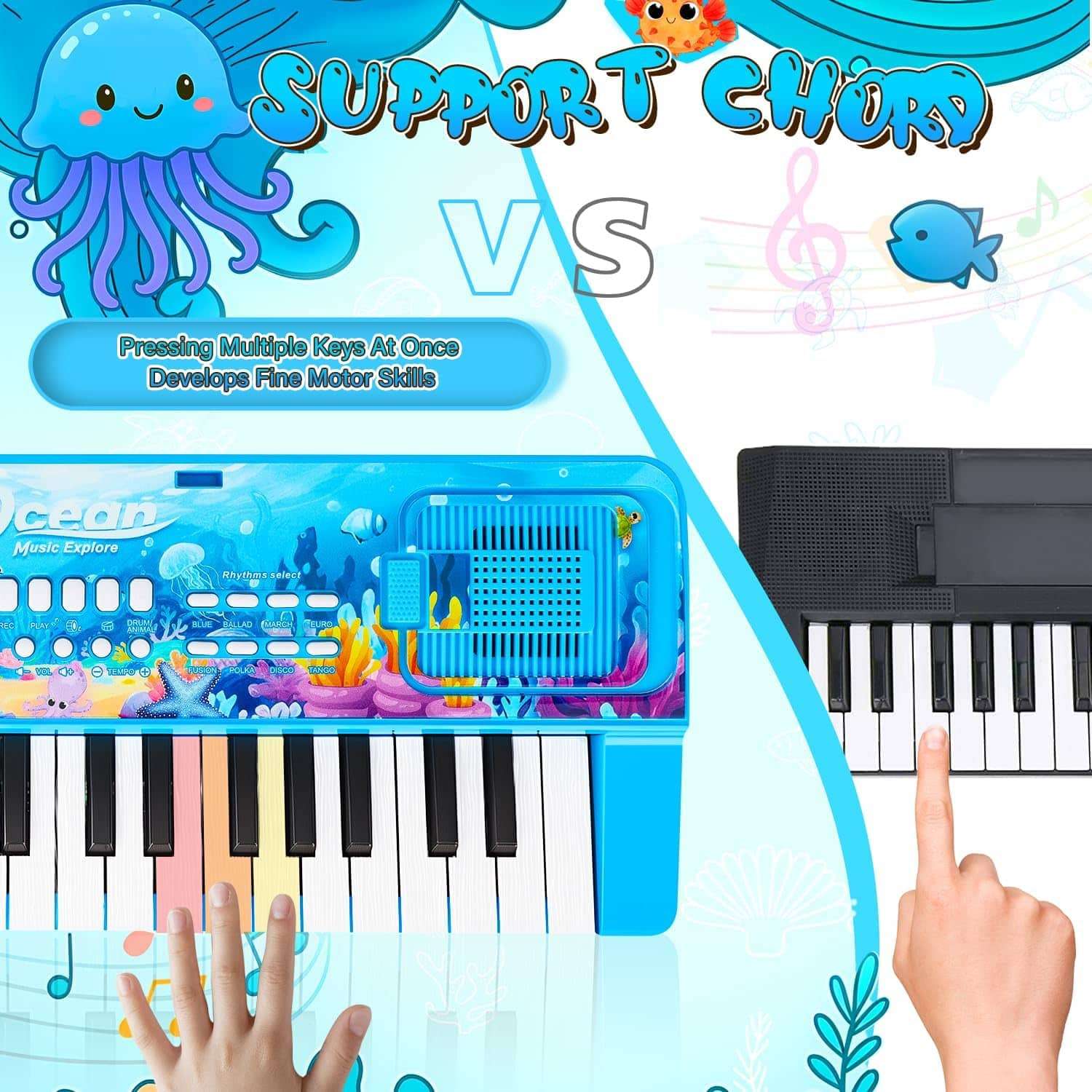 teclado de piano de 37 teclas con diseño oceánico, altavoces y micrófono para niños