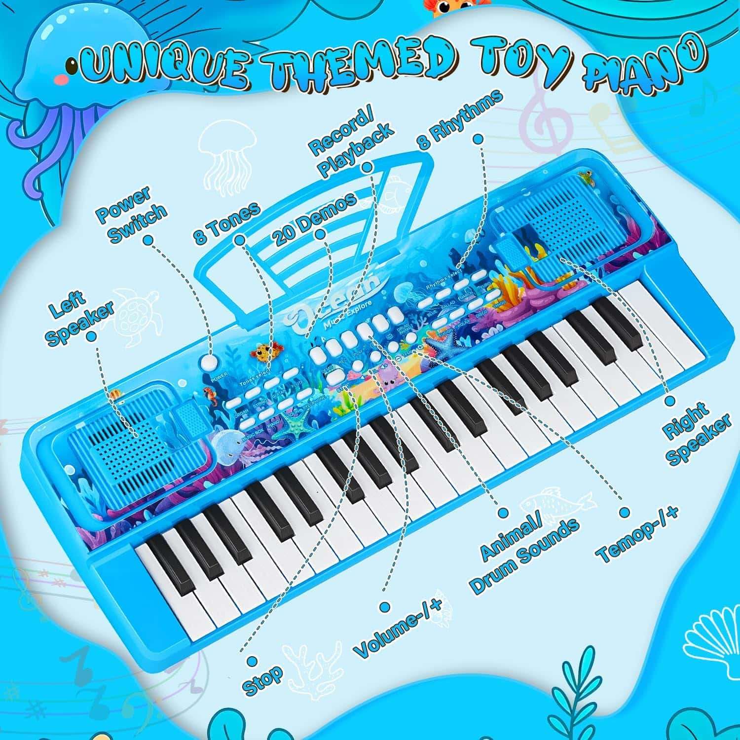teclado de piano de 37 teclas con diseño oceánico, altavoces y micrófono para niños