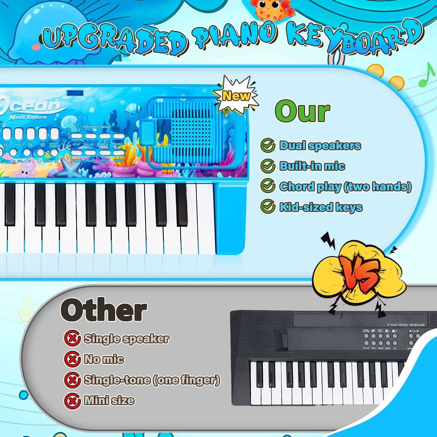 teclado de piano de 37 teclas con diseño oceánico, altavoces y micrófono para niños
