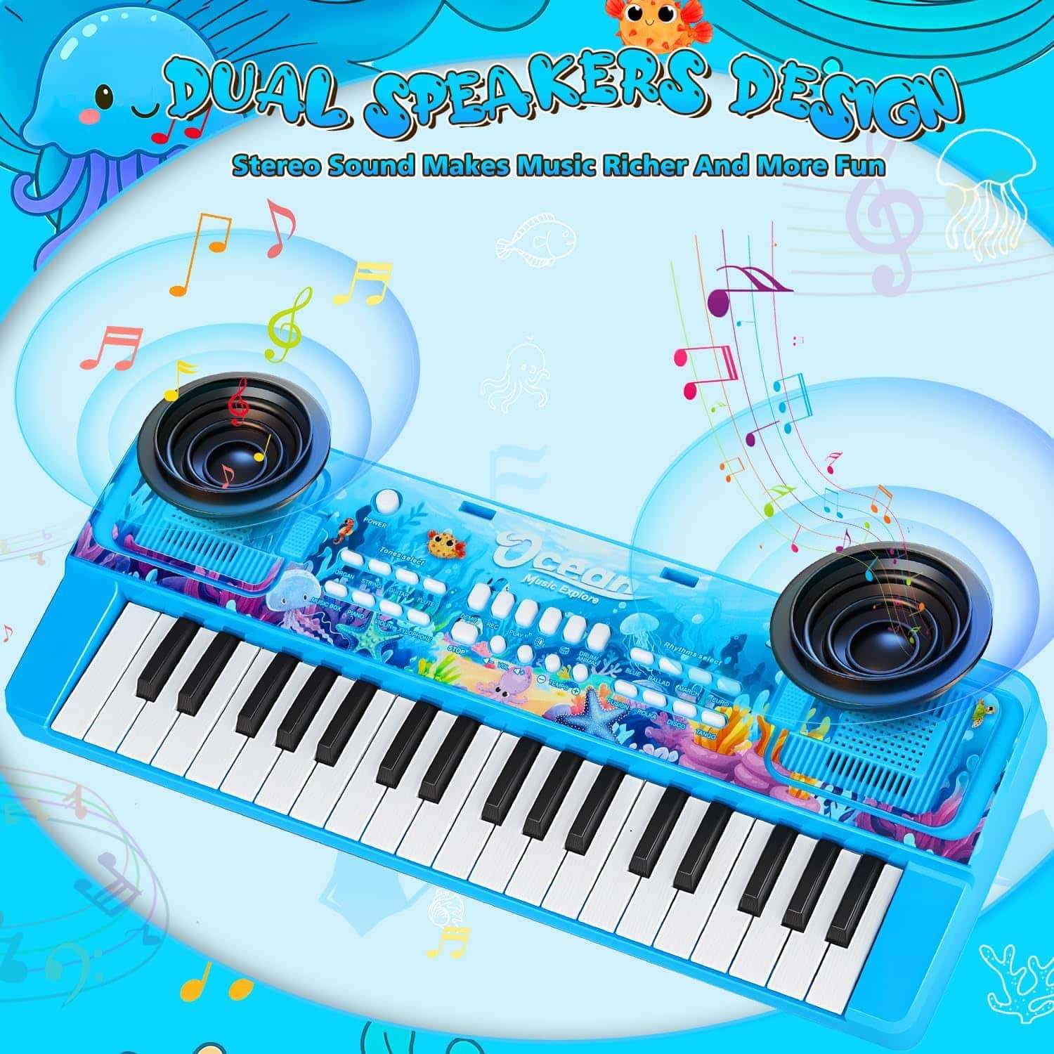 teclado de piano de 37 teclas con diseño oceánico, altavoces y micrófono para niños