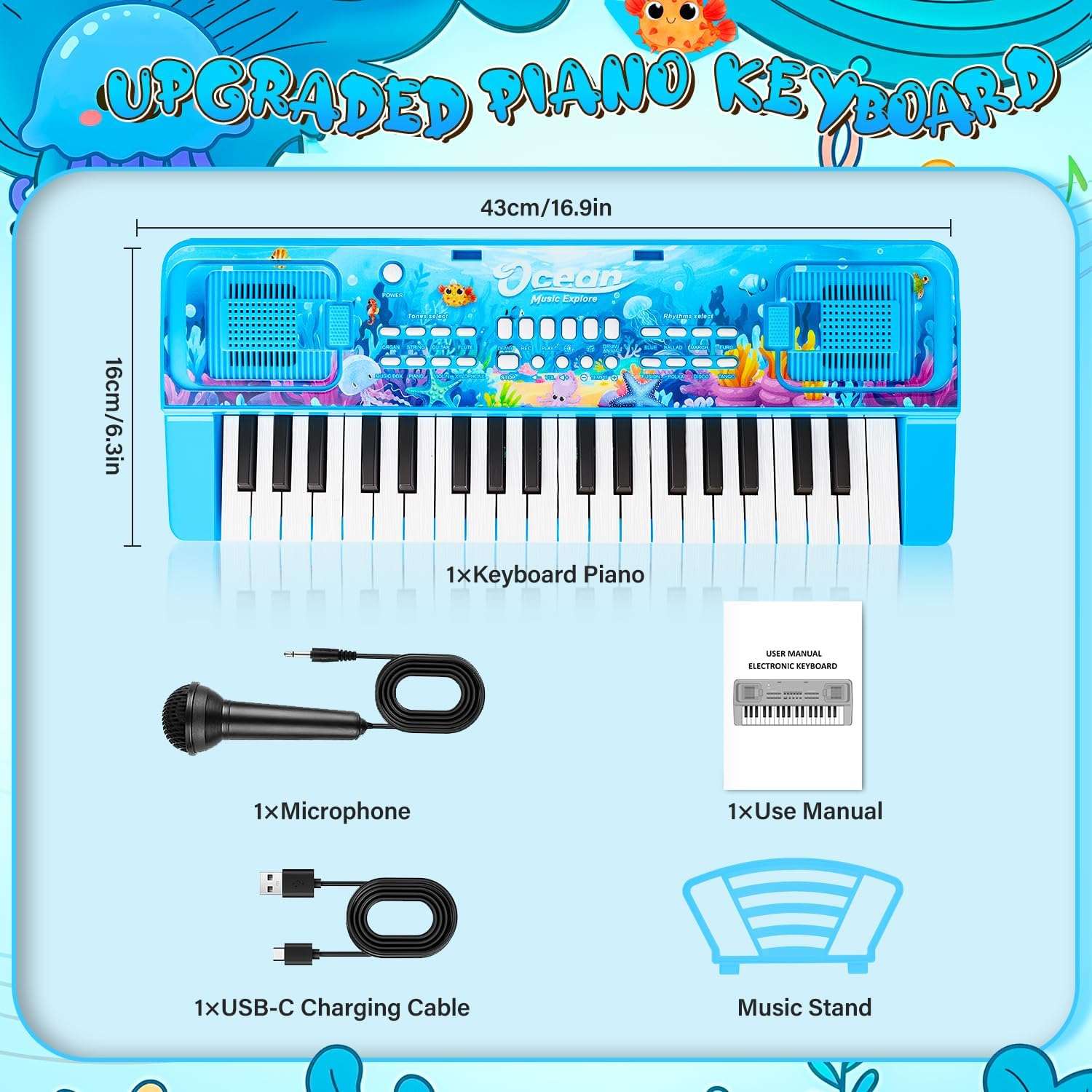 teclado de piano de 37 teclas con diseño oceánico, altavoces y micrófono para niños