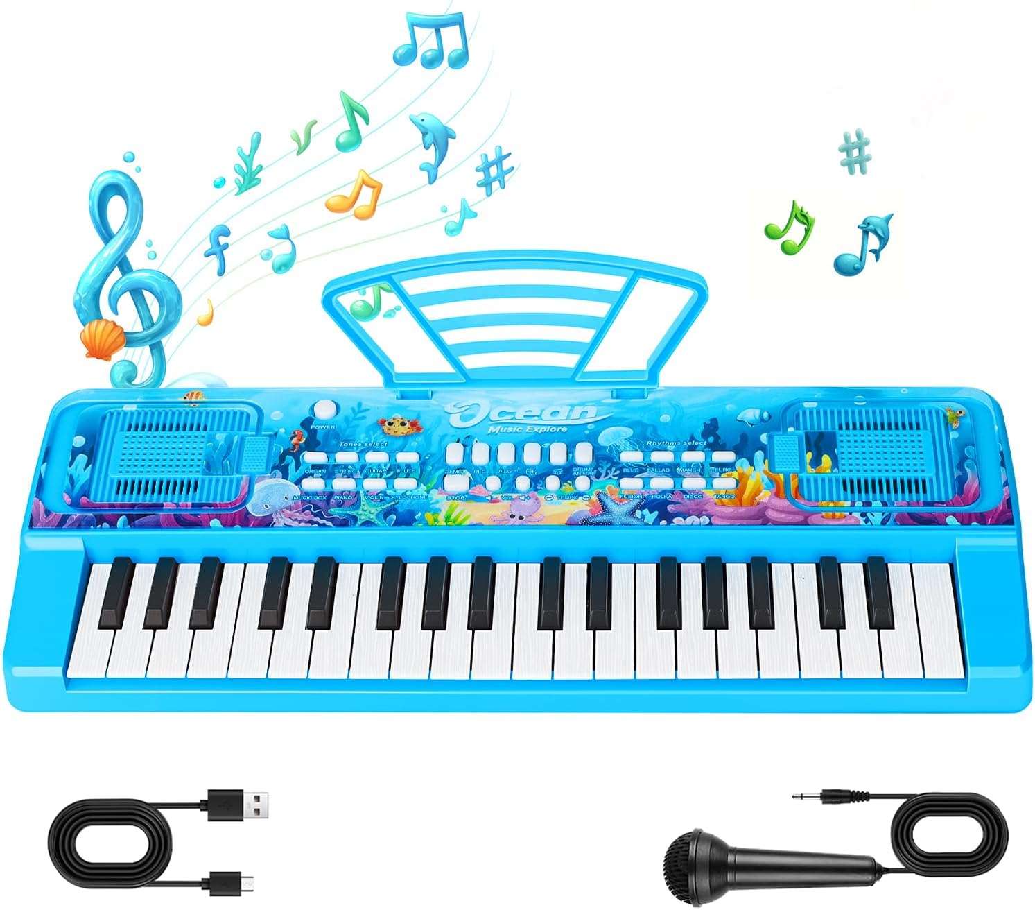 teclado de piano de 37 teclas con diseño oceánico, altavoces y micrófono para niños