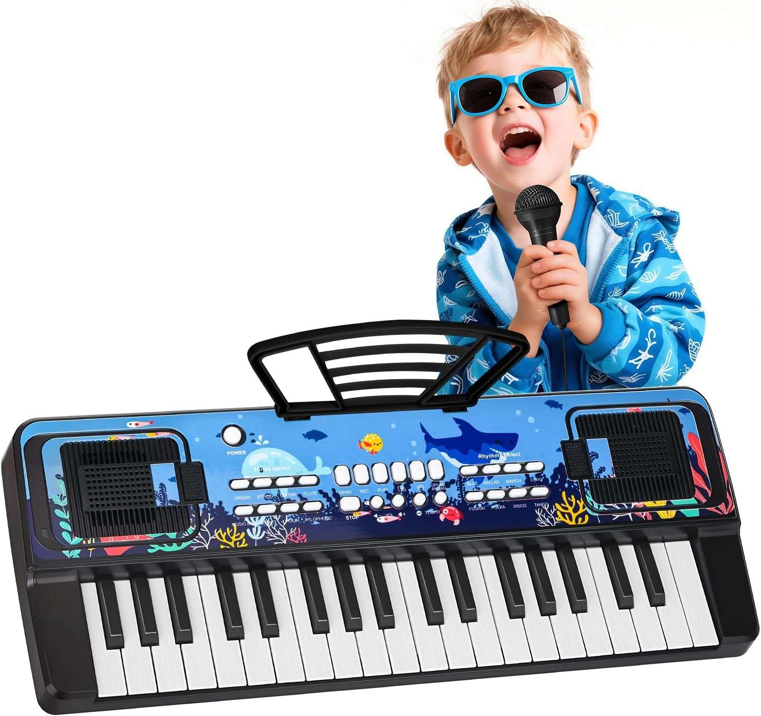 teclado de piano de 37 teclas con diseño oceánico, altavoces y micrófono para niños