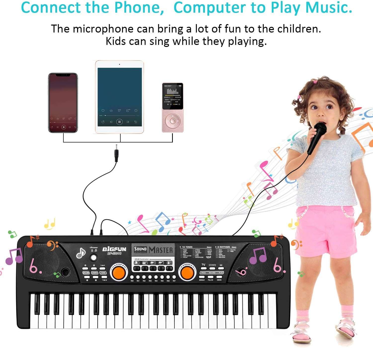 teclado de piano eléctrico de 49 teclas con micrófono y función de grabación para niños