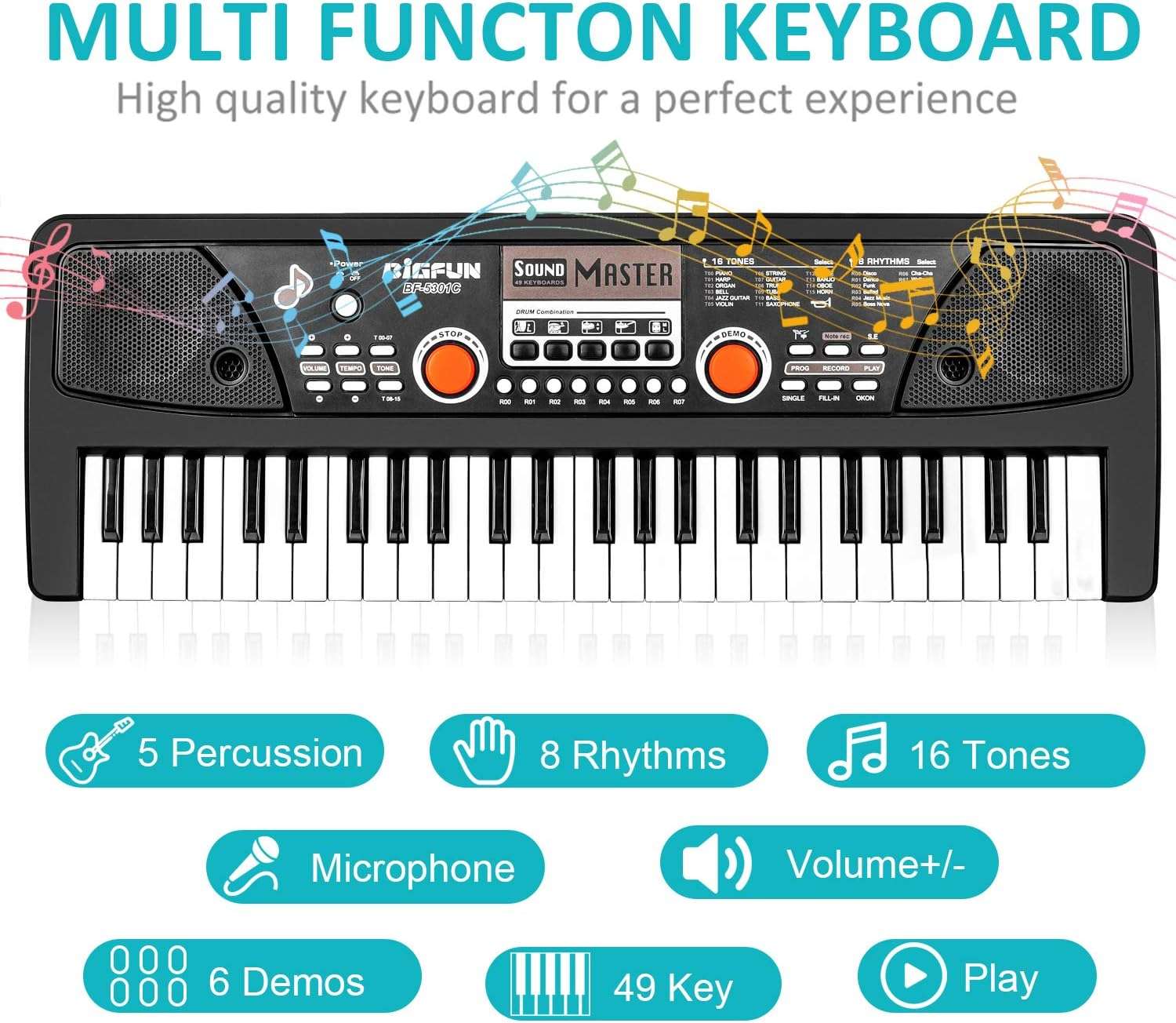 teclado de piano eléctrico de 49 teclas con micrófono y función de grabación para niños