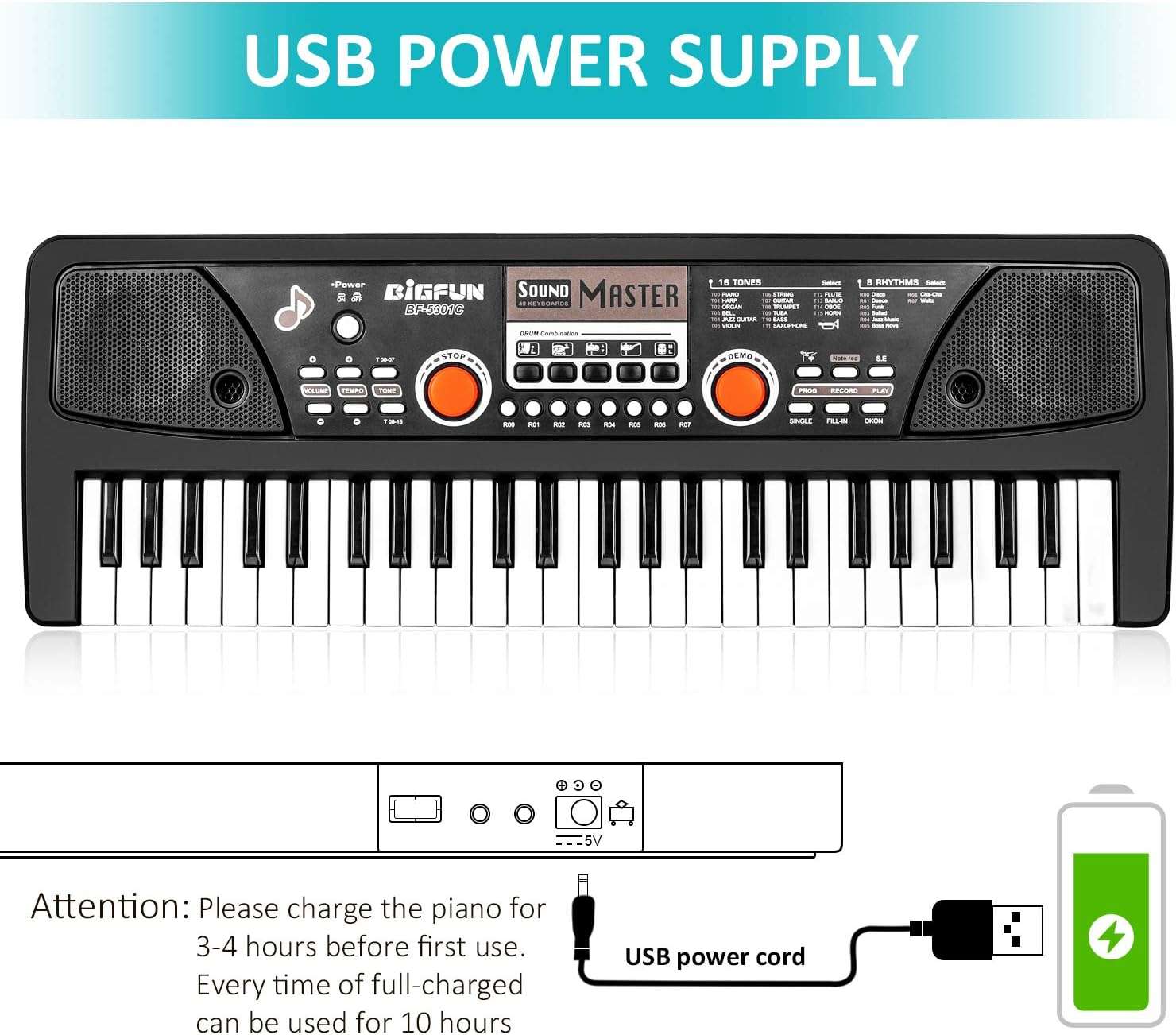 teclado de piano eléctrico de 49 teclas con micrófono y función de grabación para niños