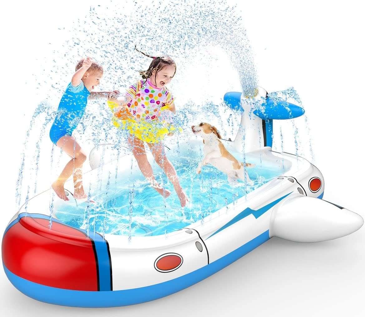 piscina inflable aspersor con diseño de avión y alfombrilla de agua para niños