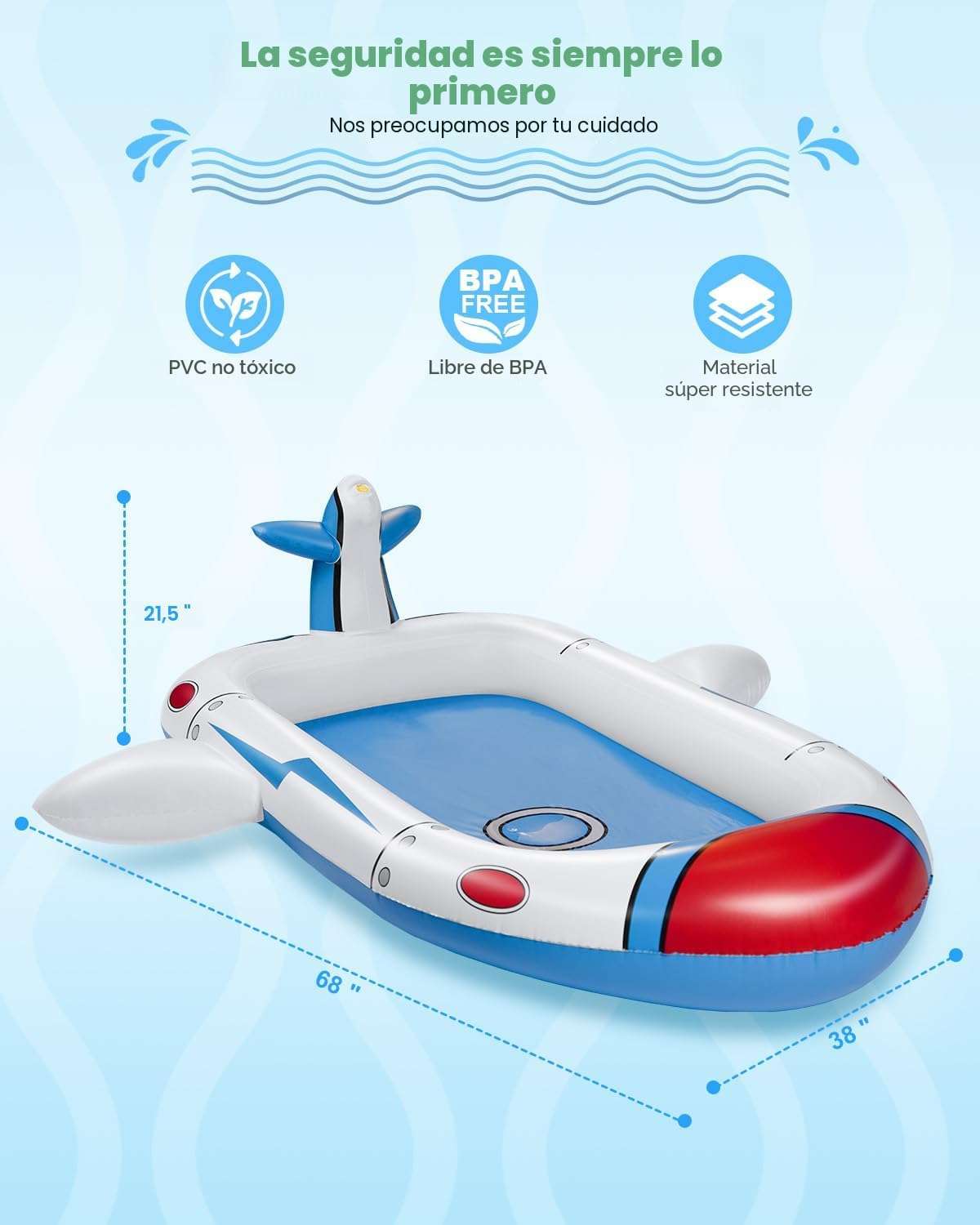 piscina inflable aspersor con diseño de avión y alfombrilla de agua para niños