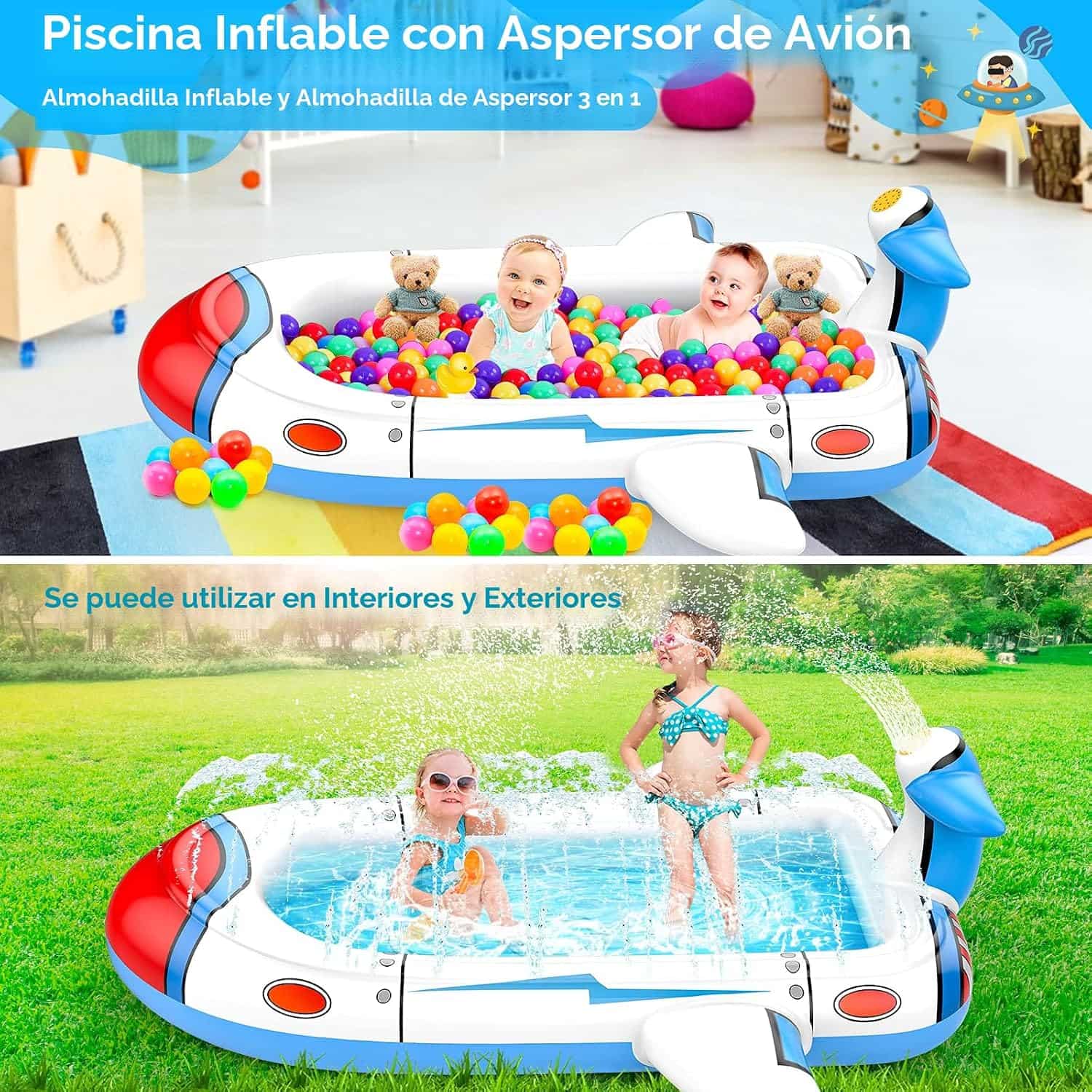 piscina inflable aspersor con diseño de avión y alfombrilla de agua para niños
