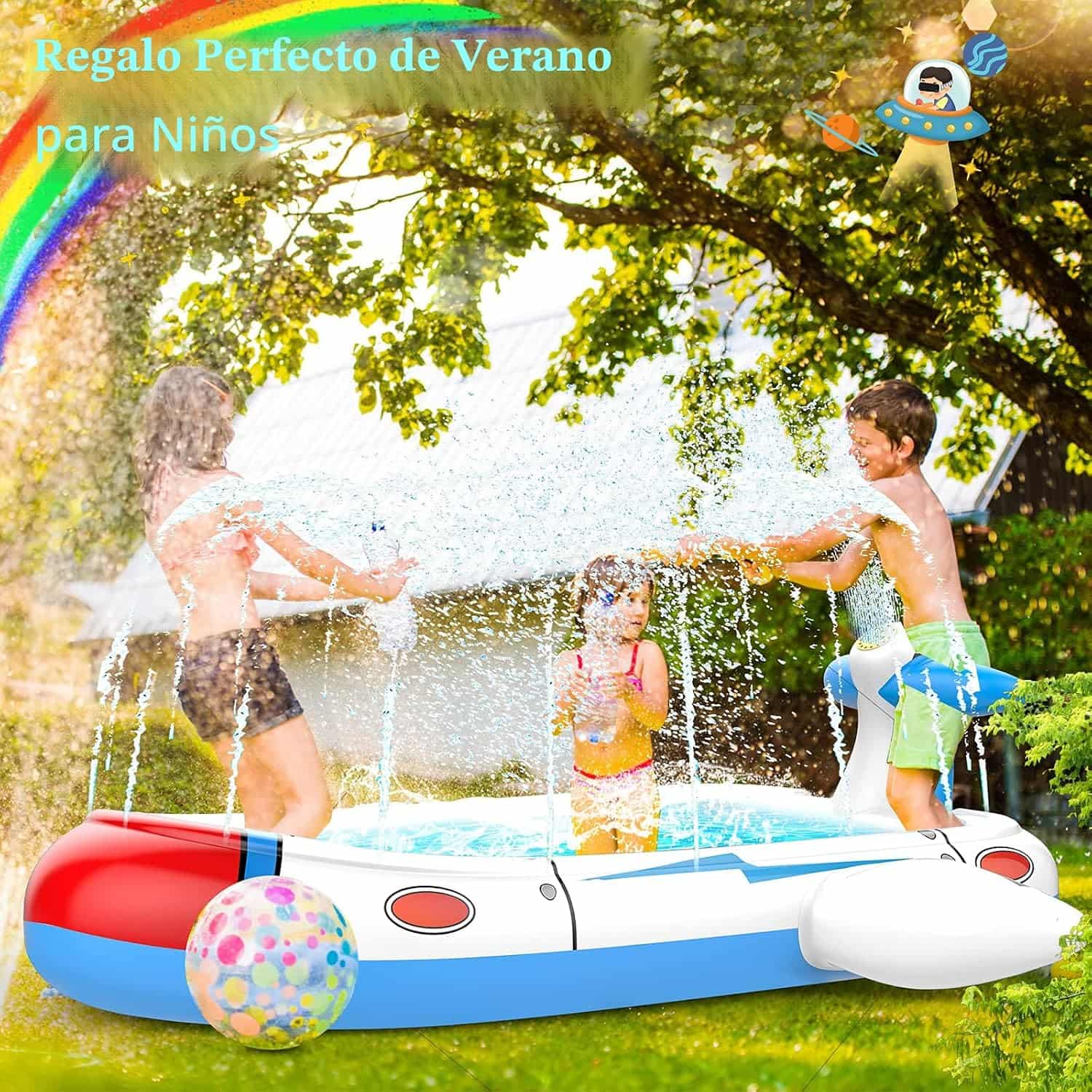 piscina inflable aspersor con diseño de avión y alfombrilla de agua para niños