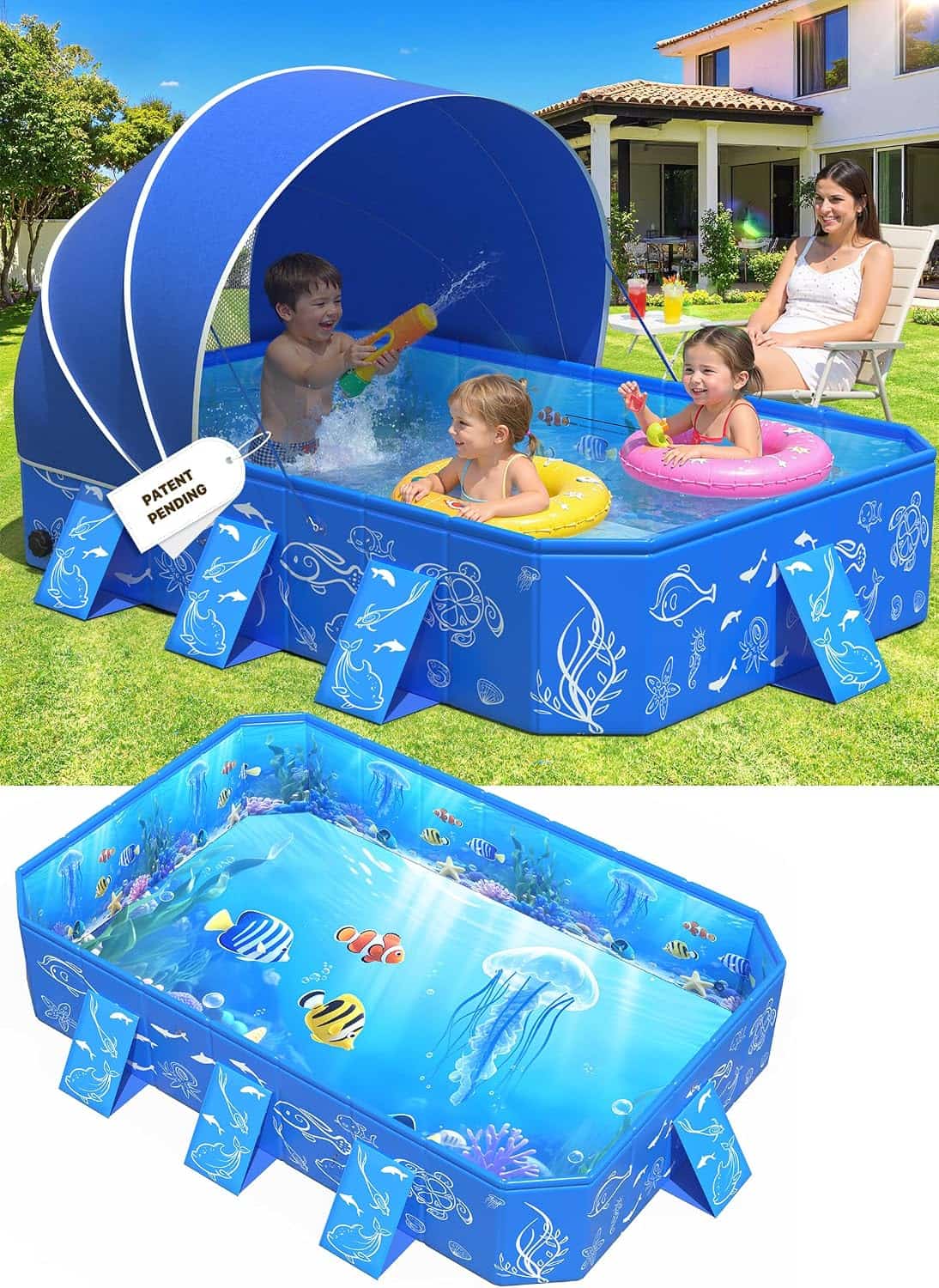 piscina infantil plegable con toldo desmontable y protección solar para niños en el patio