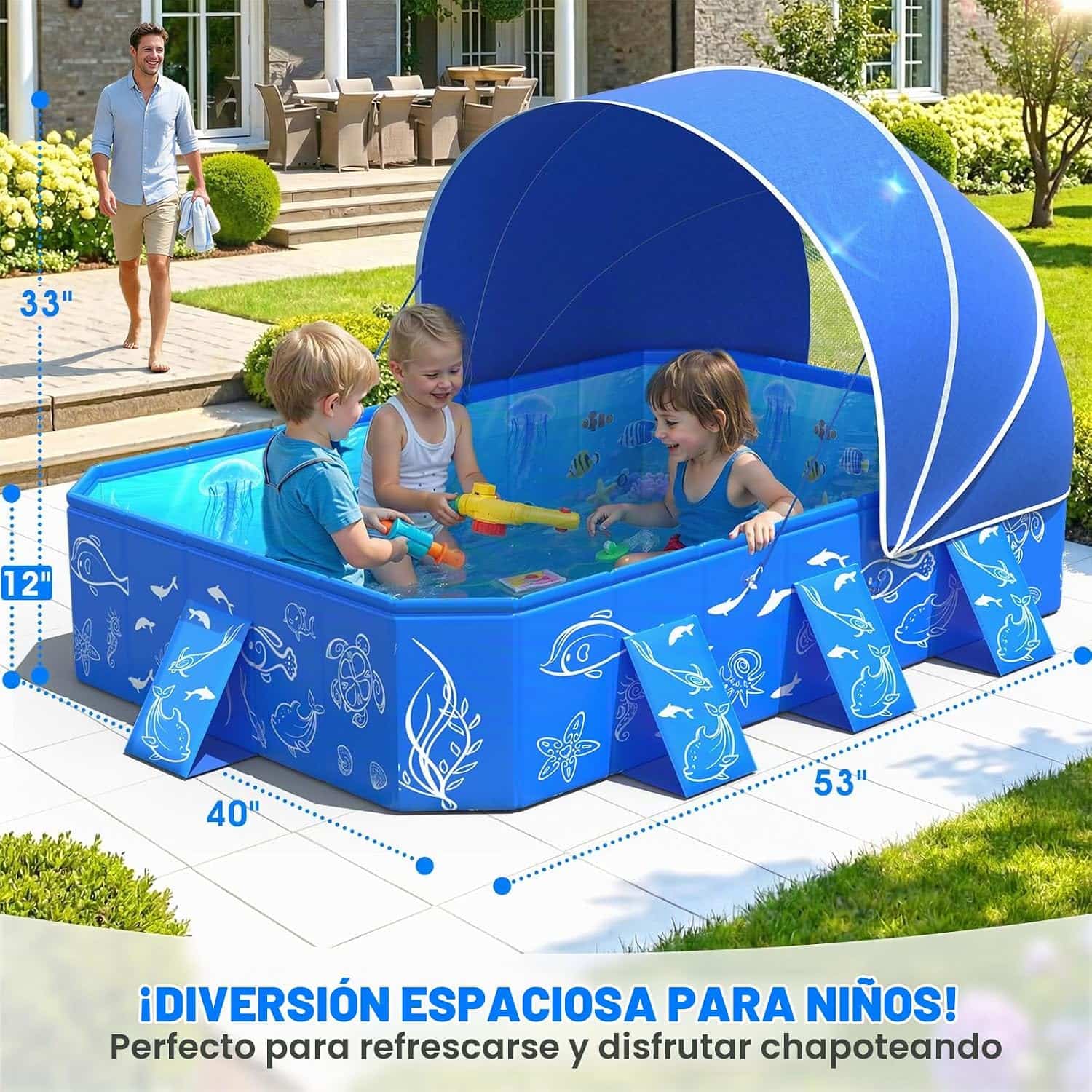 piscina infantil plegable con toldo desmontable y protección solar para niños en el patio
