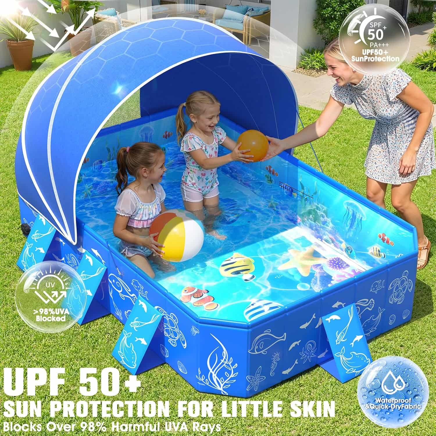 piscina infantil plegable con toldo desmontable y protección solar para niños en el patio