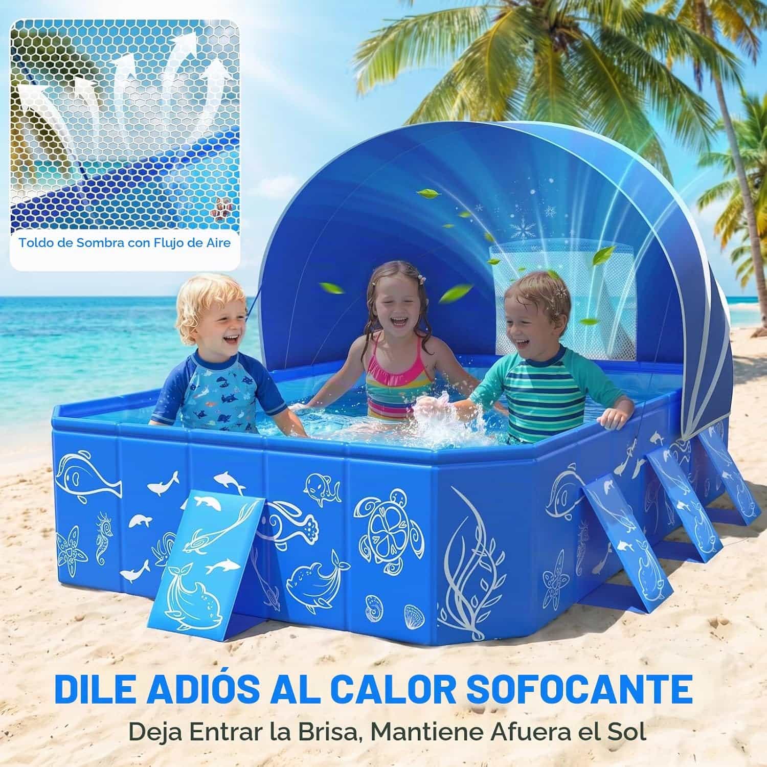 piscina infantil plegable con toldo desmontable y protección solar para niños en el patio