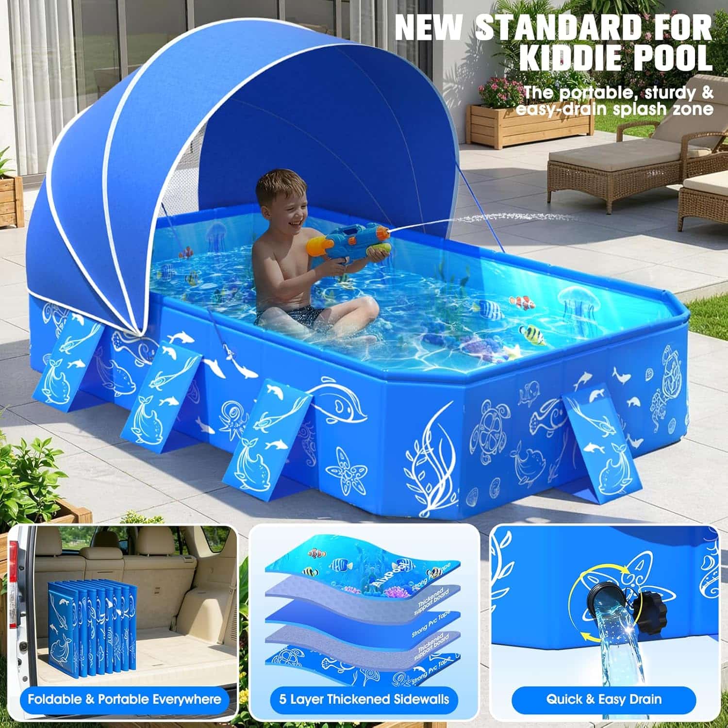 piscina infantil plegable con toldo desmontable y protección solar para niños en el patio