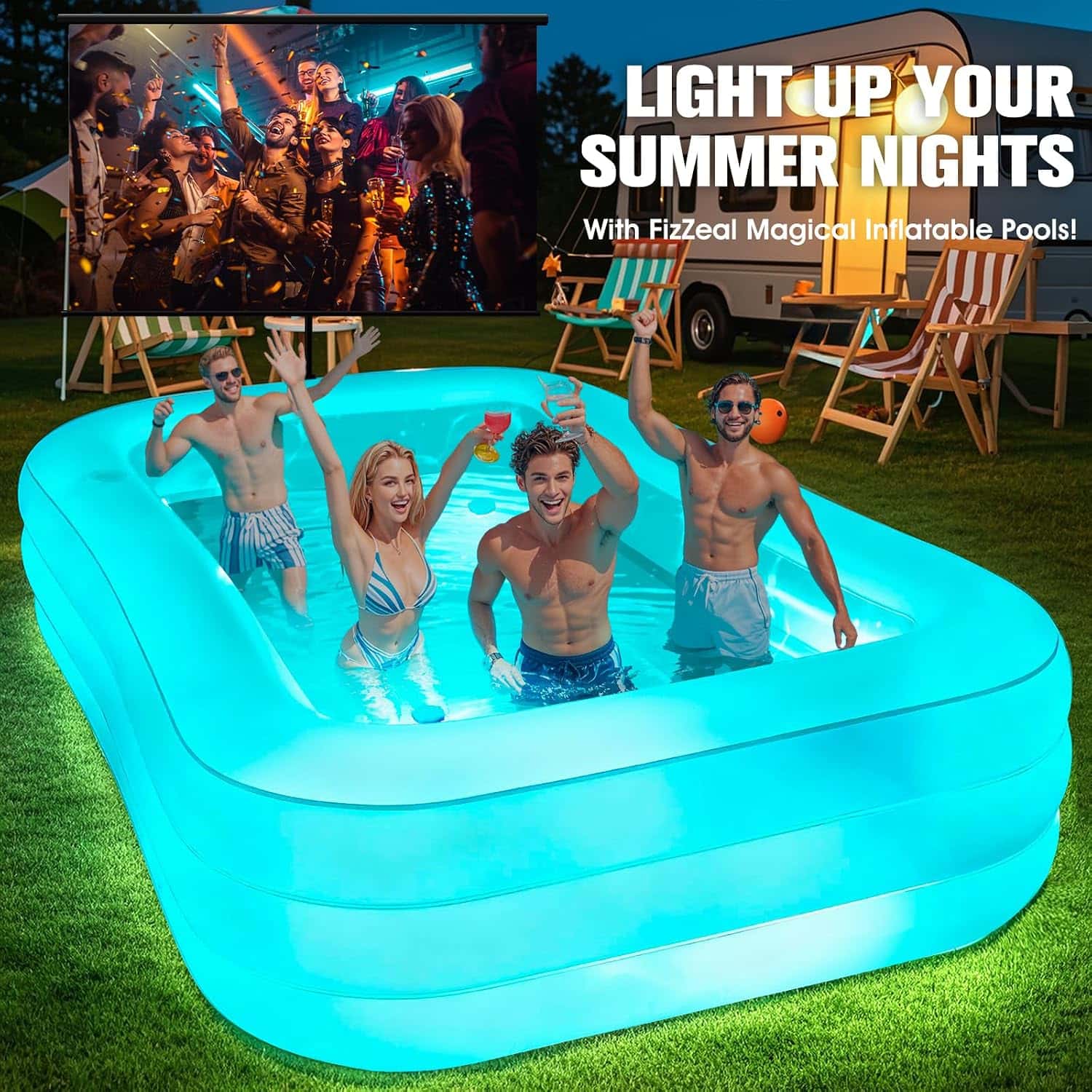 piscina inflable familiar con luces led, asientos integrados y portavasos para patio