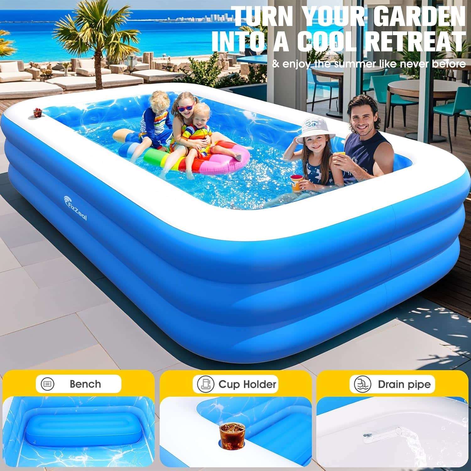 piscina inflable familiar con luces led, asientos integrados y portavasos para patio