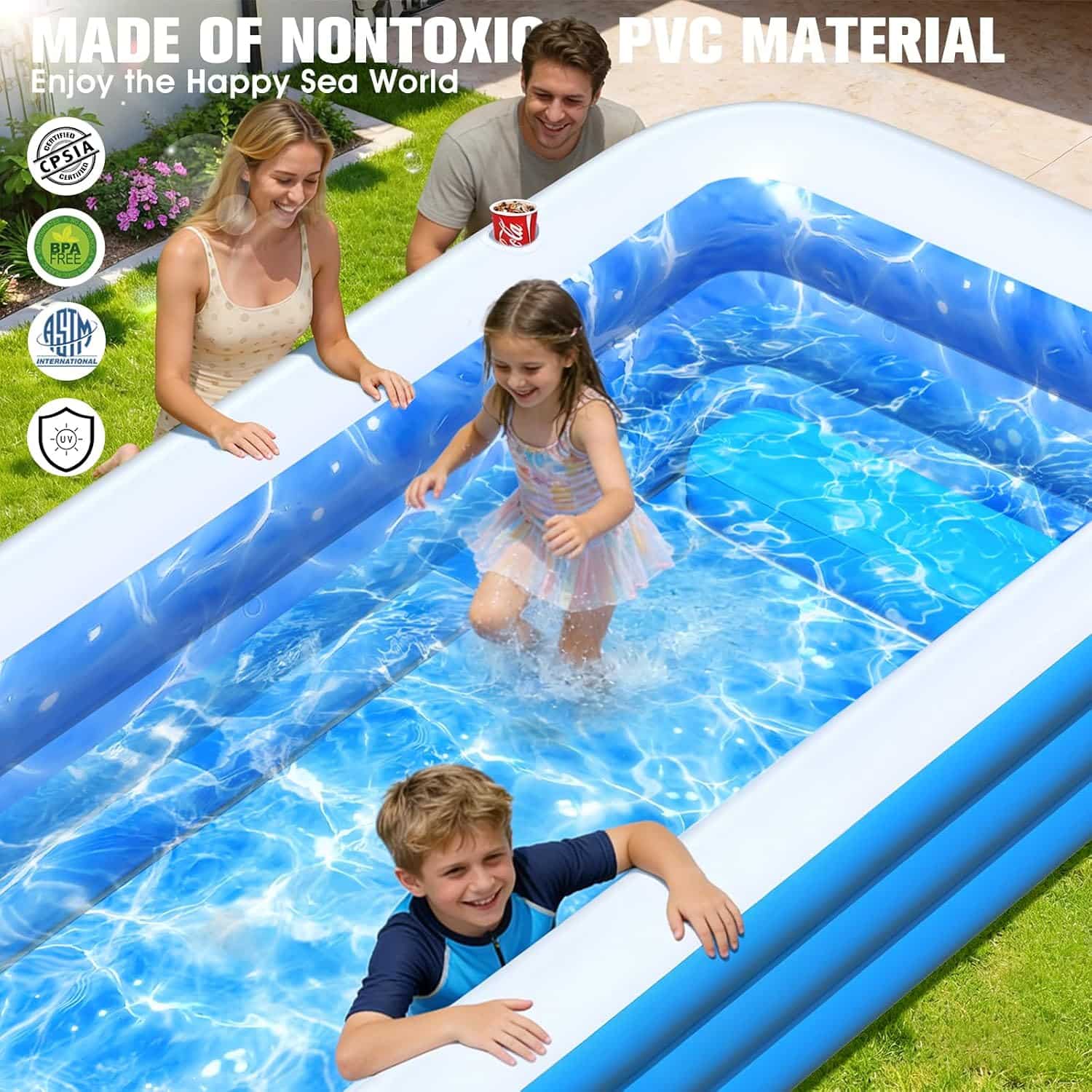 piscina inflable familiar con luces led, asientos integrados y portavasos para patio