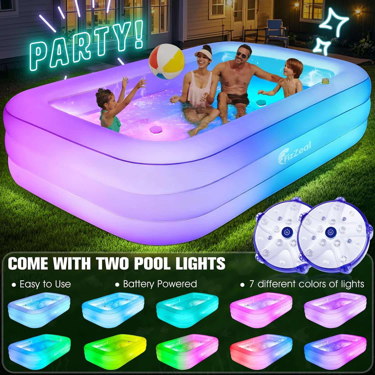 piscina inflable familiar con luces led, asientos integrados y portavasos para patio