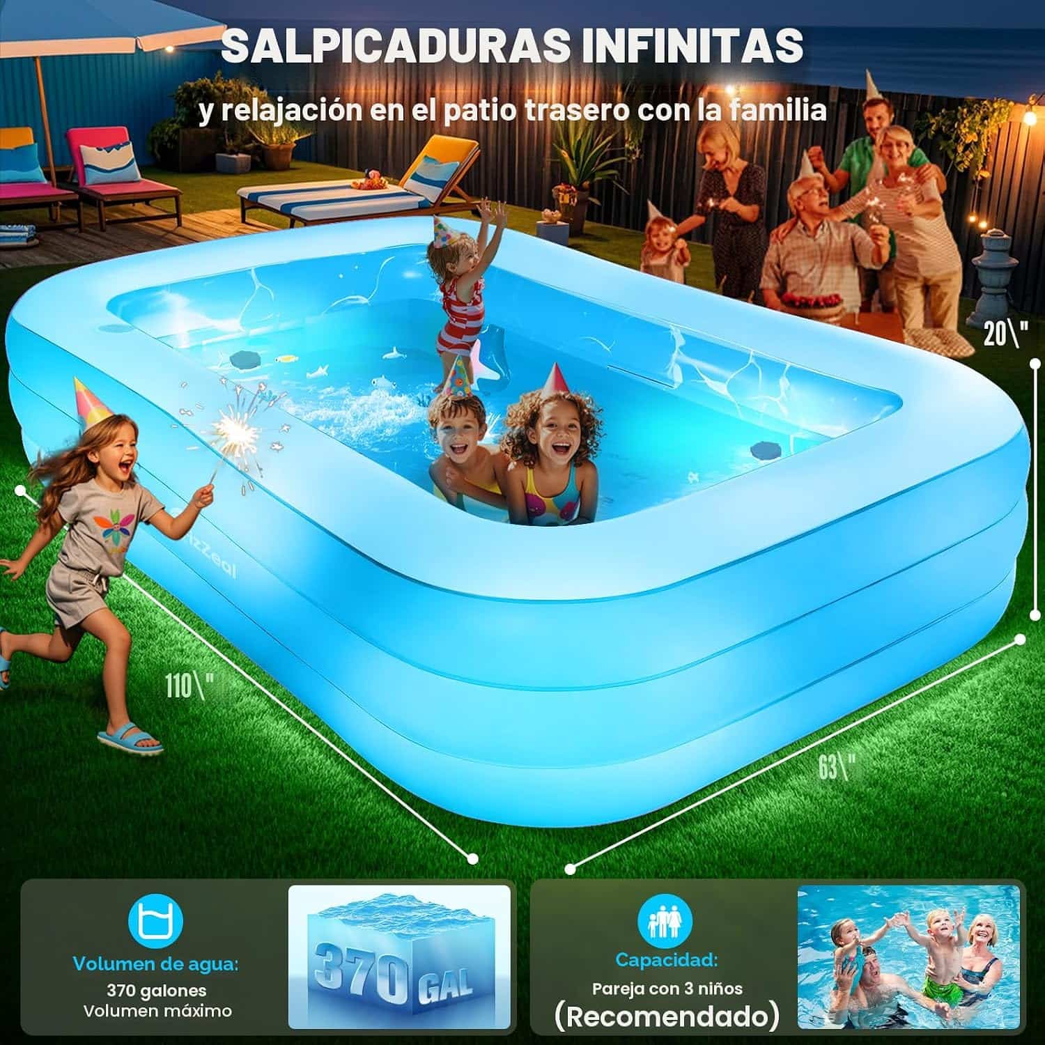 piscina inflable familiar con luces led, asientos integrados y portavasos para patio