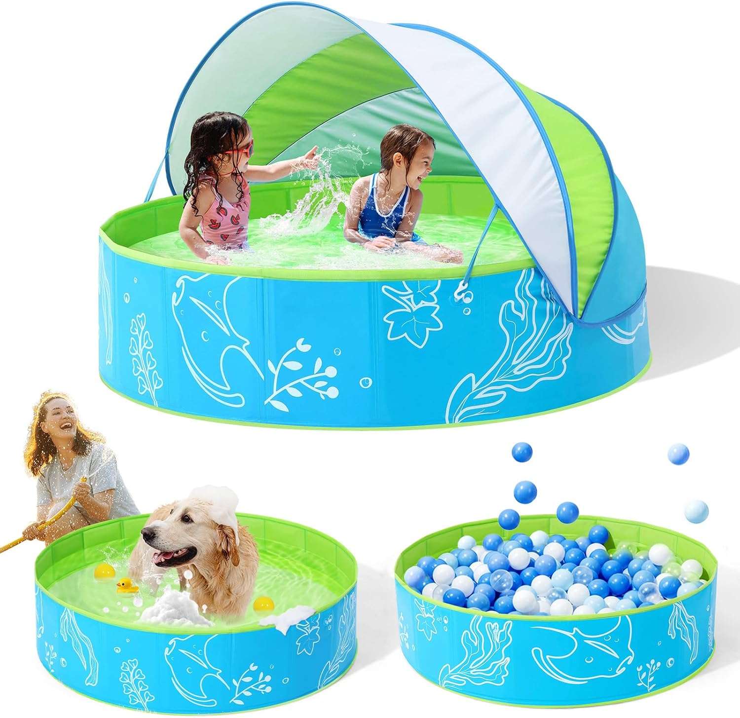 piscina infantil plegable de 119 cm con toldo parasol azul y verde para niños