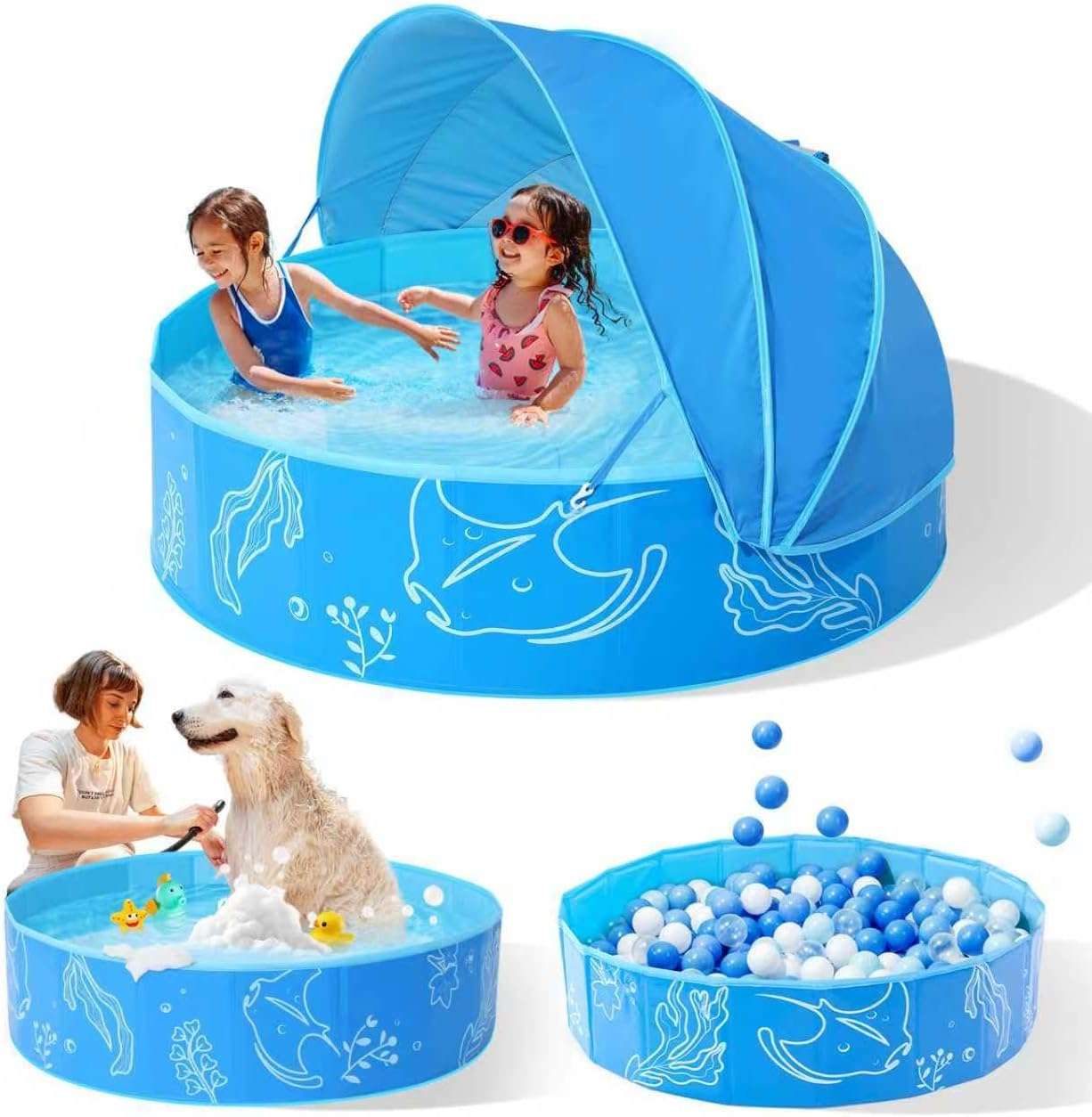 piscina infantil plegable de 119 cm con toldo parasol azul y verde para niños