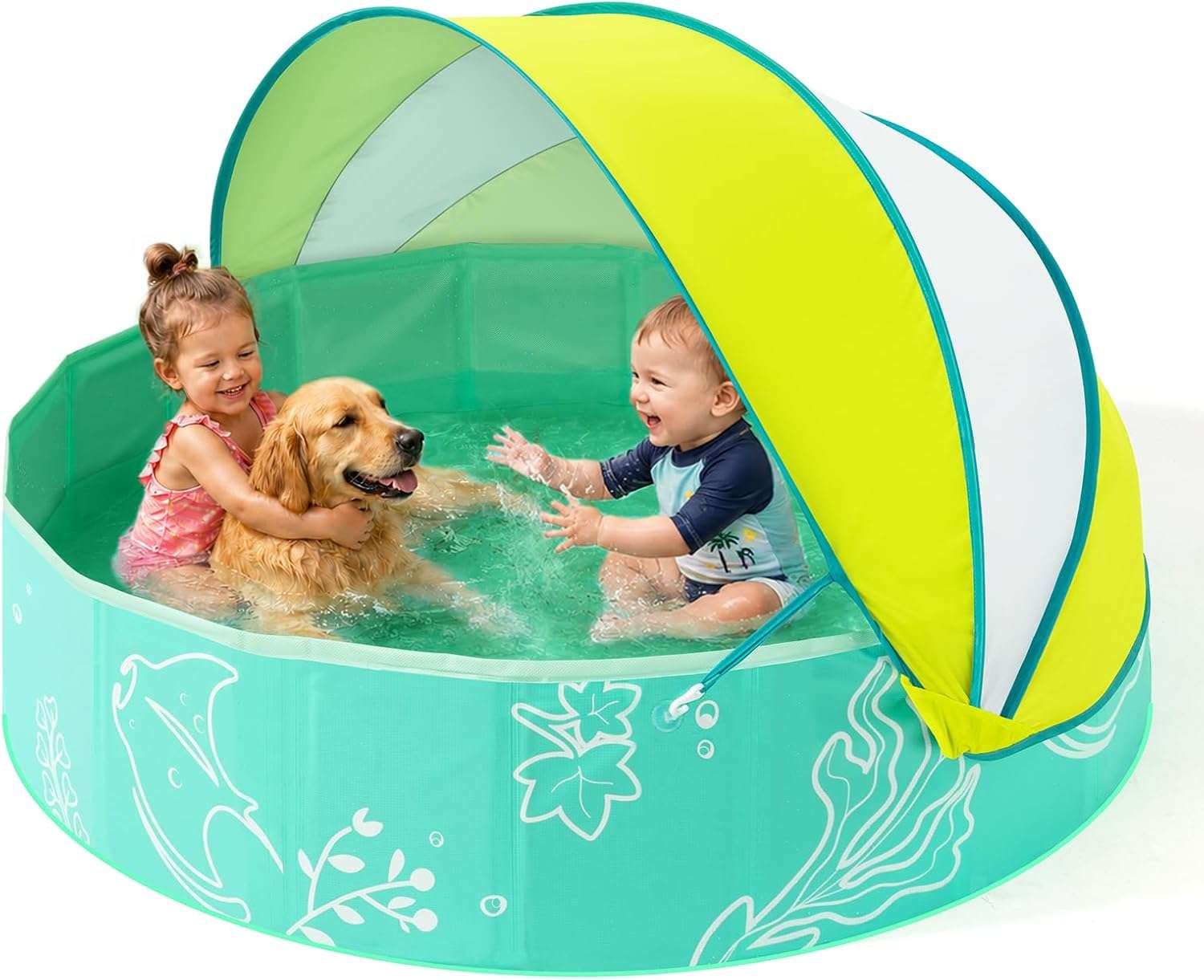 piscina infantil plegable de 119 cm con toldo parasol azul y verde para niños