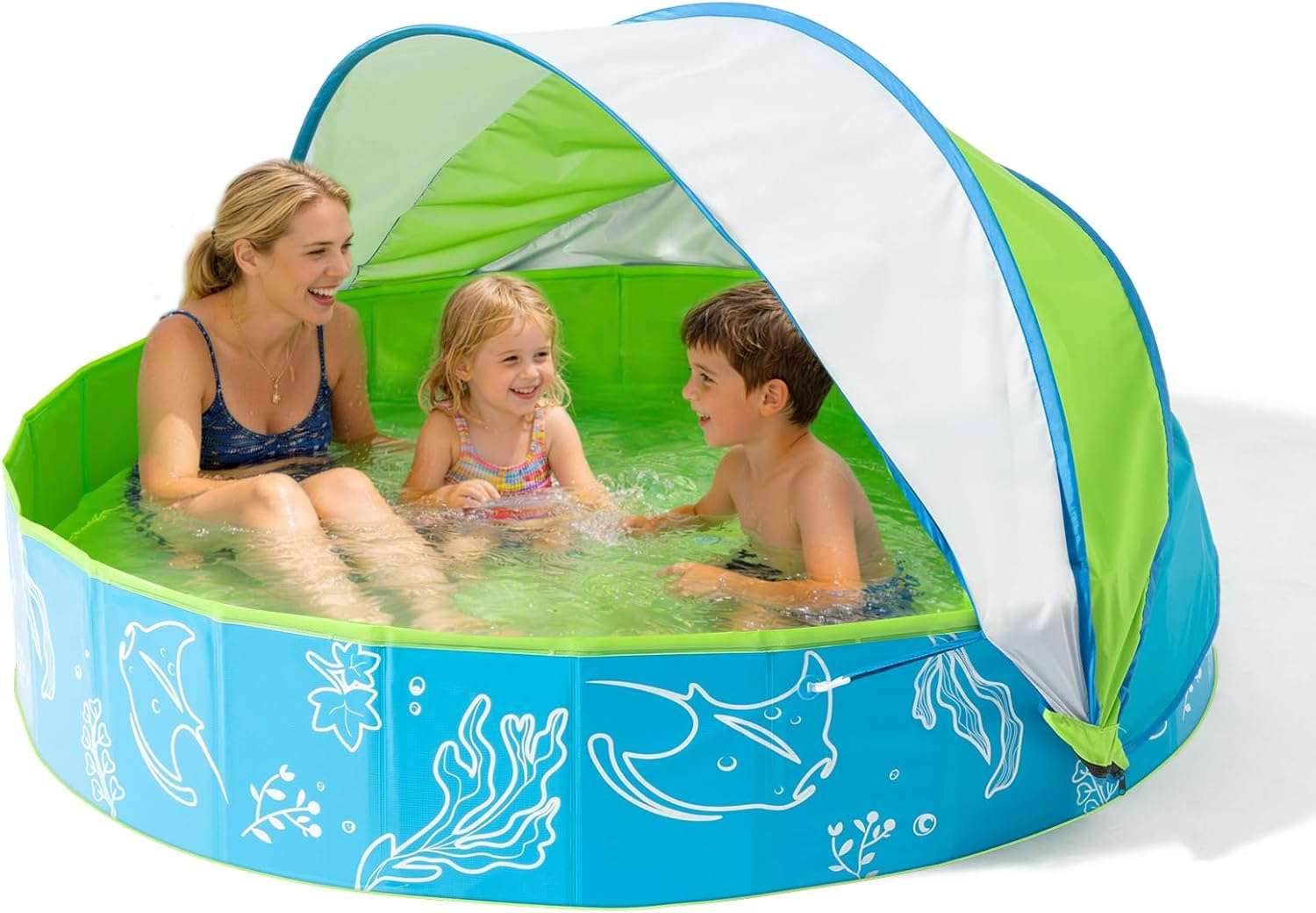 piscina infantil plegable de 119 cm con toldo parasol azul y verde para niños