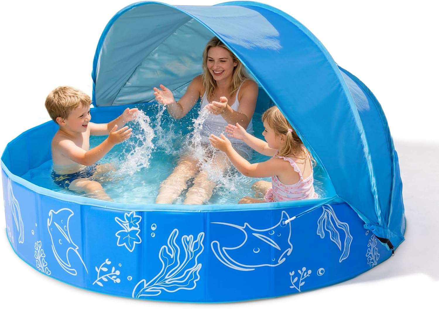 piscina infantil plegable de 119 cm con toldo parasol azul y verde para niños
