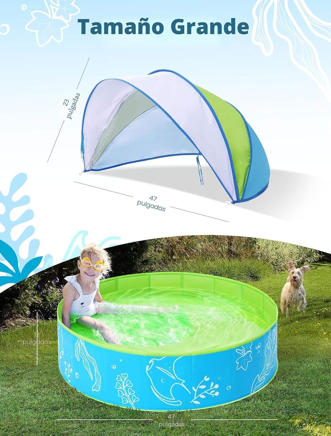 piscina infantil plegable de 119 cm con toldo parasol azul y verde para niños