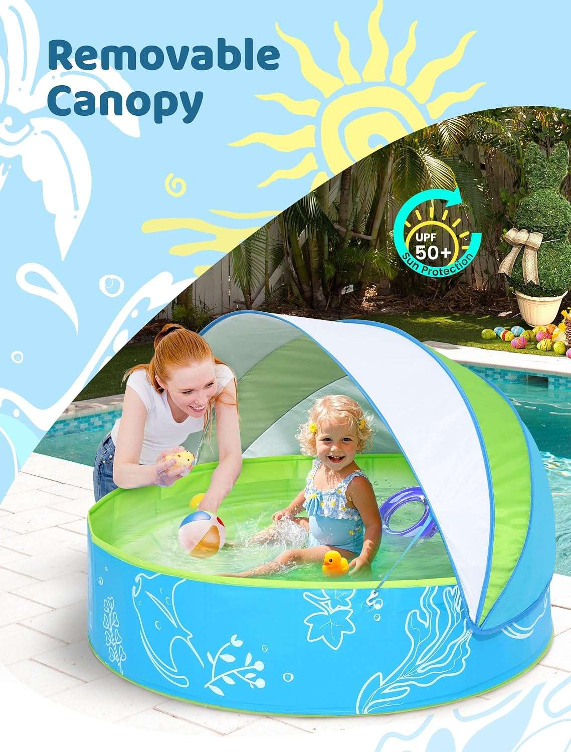 piscina infantil plegable de 119 cm con toldo parasol azul y verde para niños