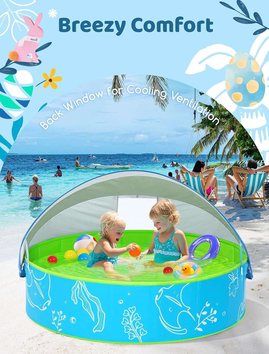 piscina infantil plegable de 119 cm con toldo parasol azul y verde para niños