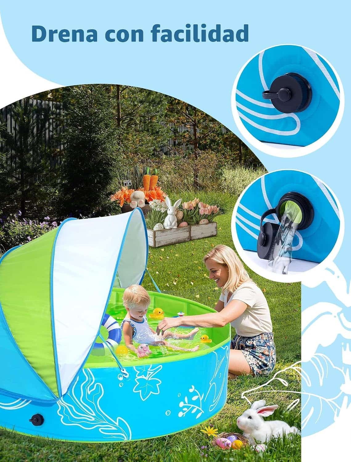 piscina infantil plegable de 119 cm con toldo parasol azul y verde para niños