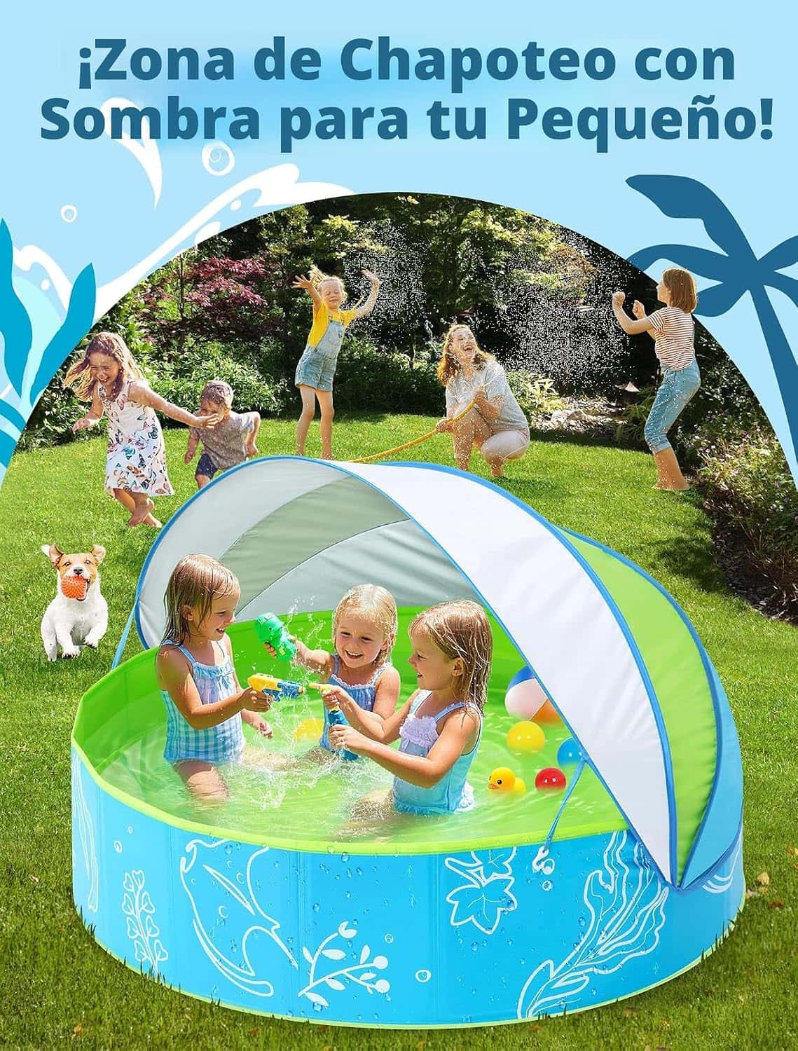 piscina infantil plegable de 119 cm con toldo parasol azul y verde para niños