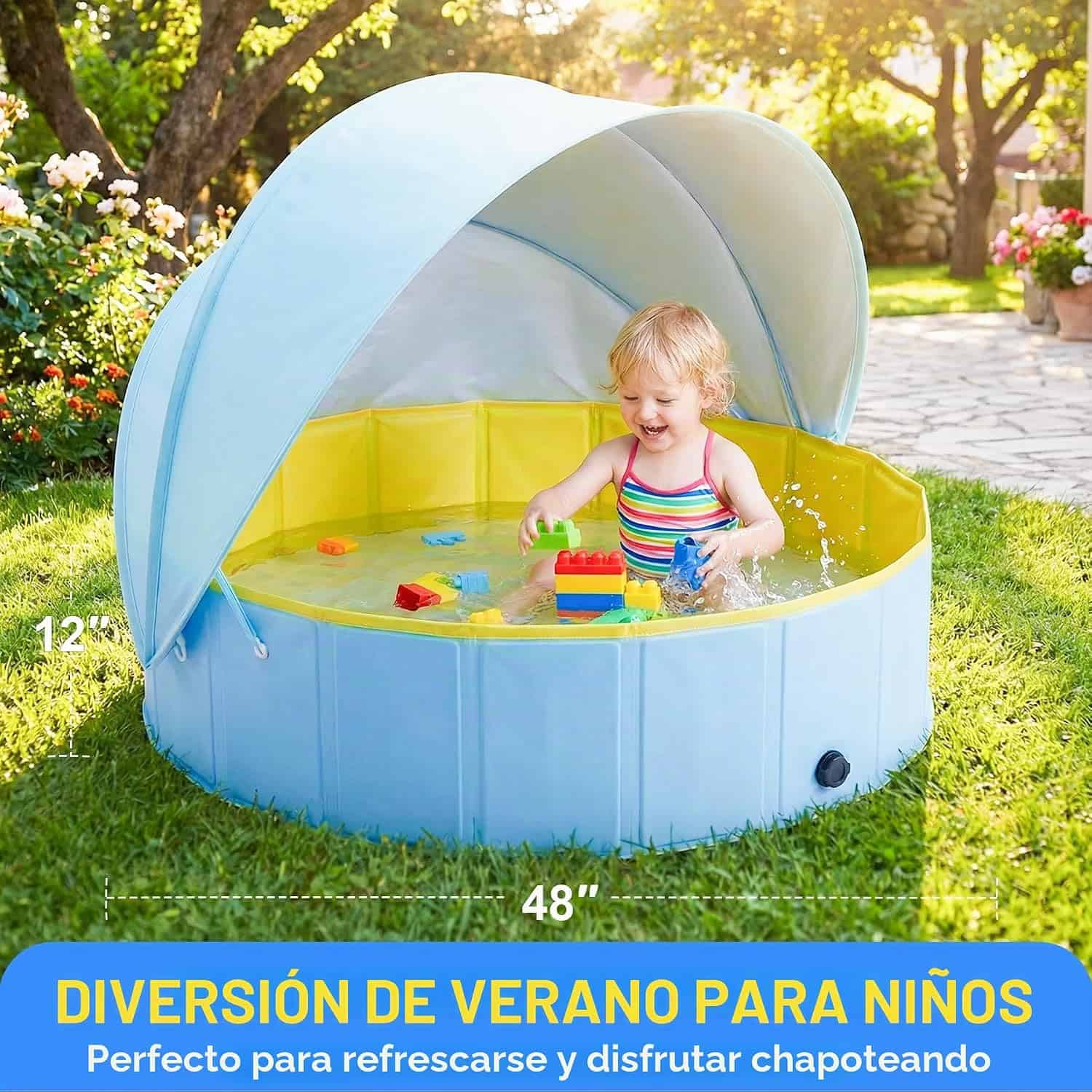 piscina infantil plegable de 122 cm con toldo protector UV para playa y jardín