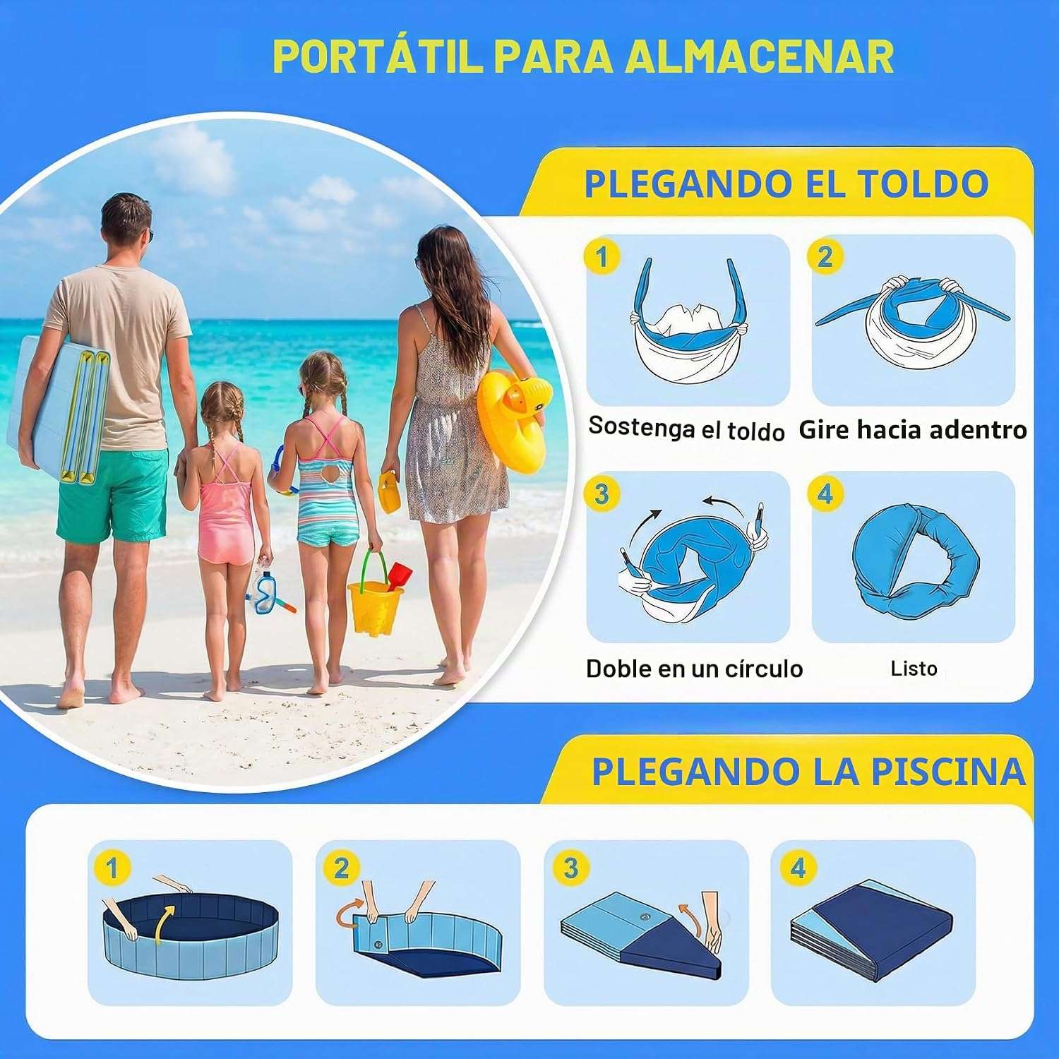 piscina infantil plegable de 122 cm con toldo protector UV para playa y jardín