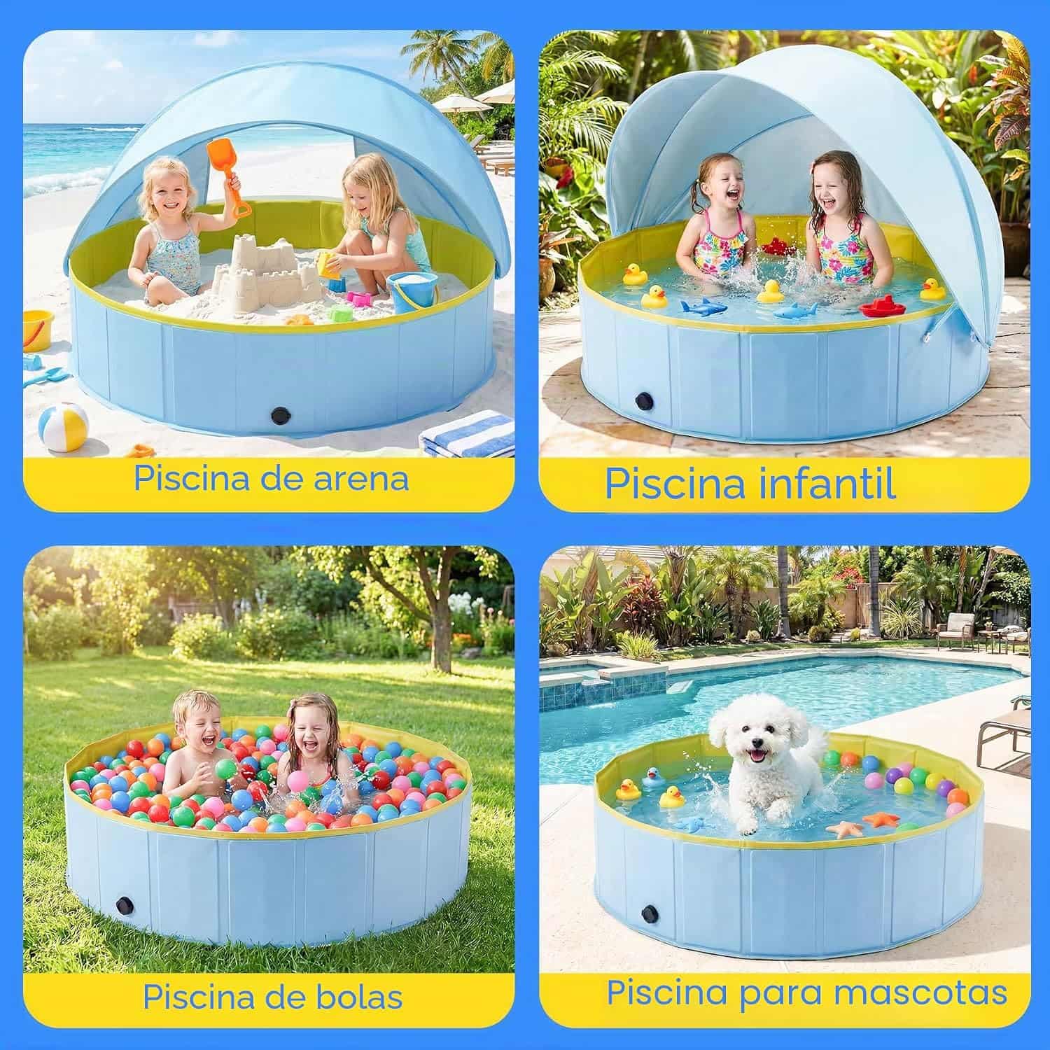 piscina infantil plegable de 122 cm con toldo protector UV para playa y jardín