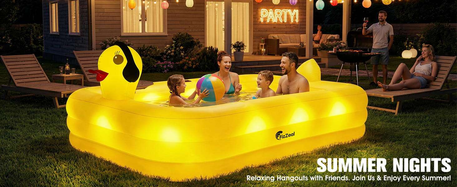 piscina inflable con luces LED solares y diseño de pato para familia