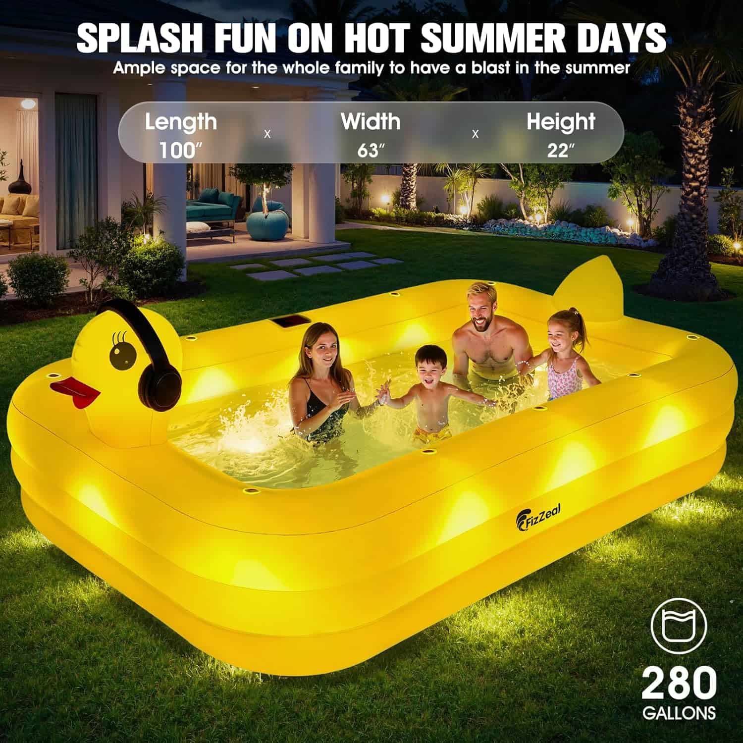 piscina inflable con luces LED solares y diseño de pato para familia