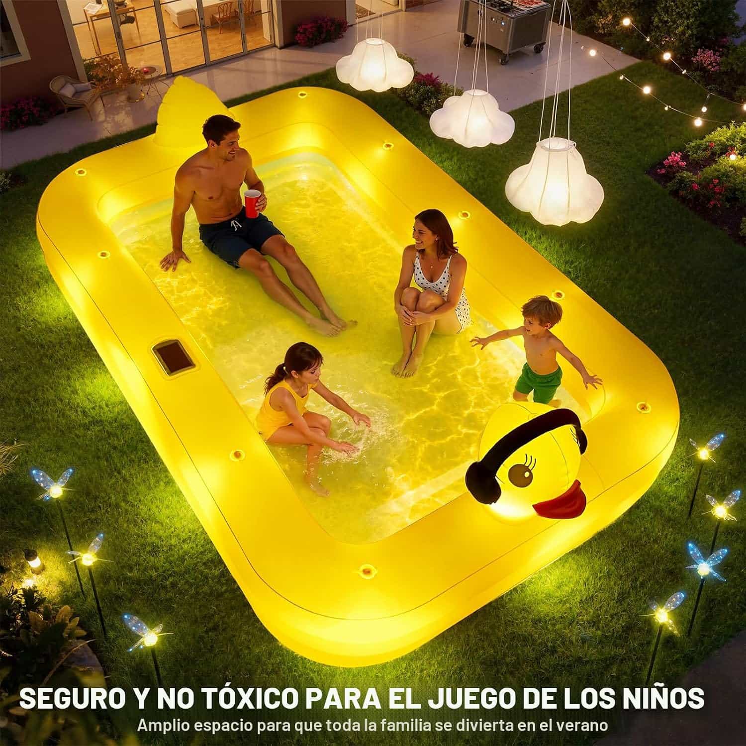 piscina inflable con luces LED solares y diseño de pato para familia