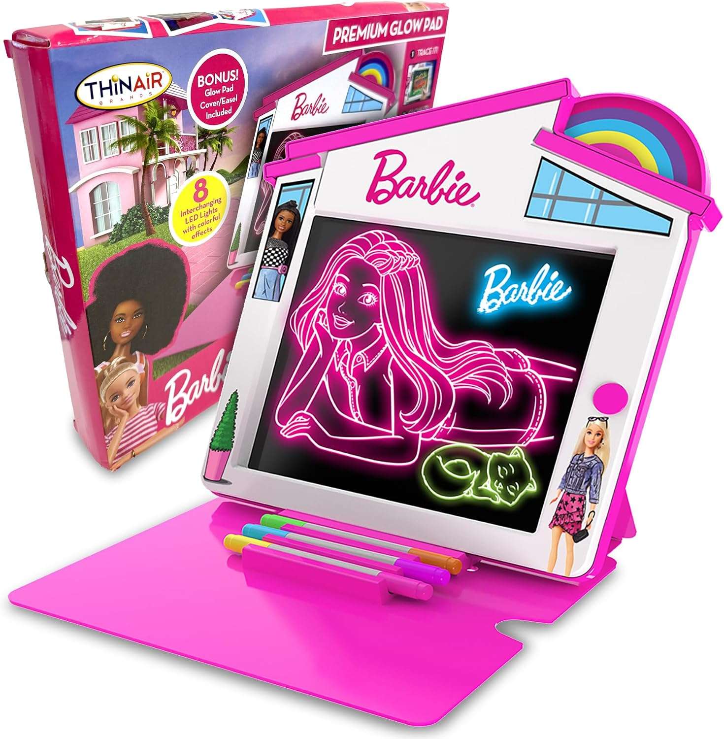 pizarrón de dibujo LED de barbie con luz, estuche de caballete y accesorios