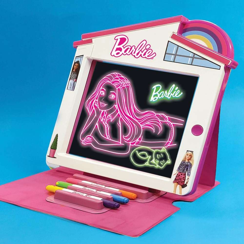 pizarrón de dibujo LED de barbie con luz, estuche de caballete y accesorios