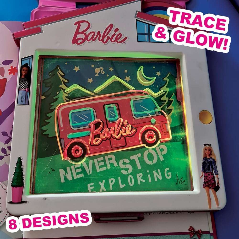 pizarrón de dibujo LED de barbie con luz, estuche de caballete y accesorios