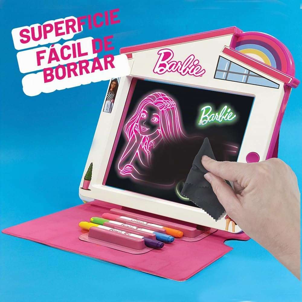 pizarrón de dibujo LED de barbie con luz, estuche de caballete y accesorios