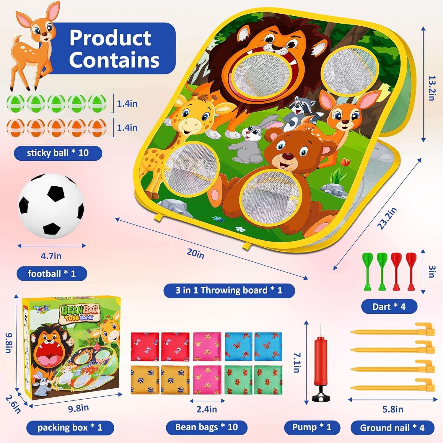 juego de lanzamiento 3 en 1 con tablero de saquitos, diana de dardos y accesorios para niños