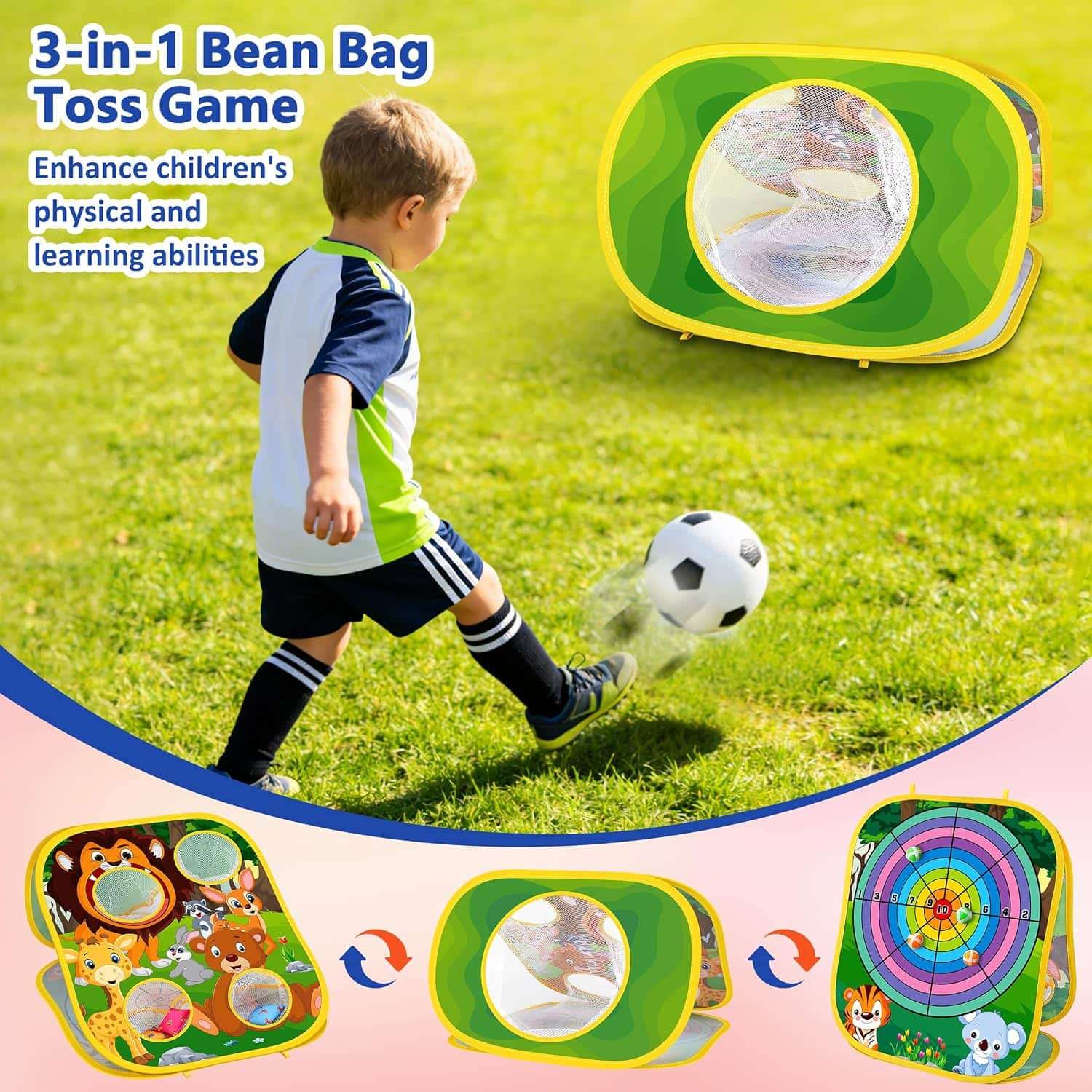 juego de lanzamiento 3 en 1 con tablero de saquitos, diana de dardos y accesorios para niños